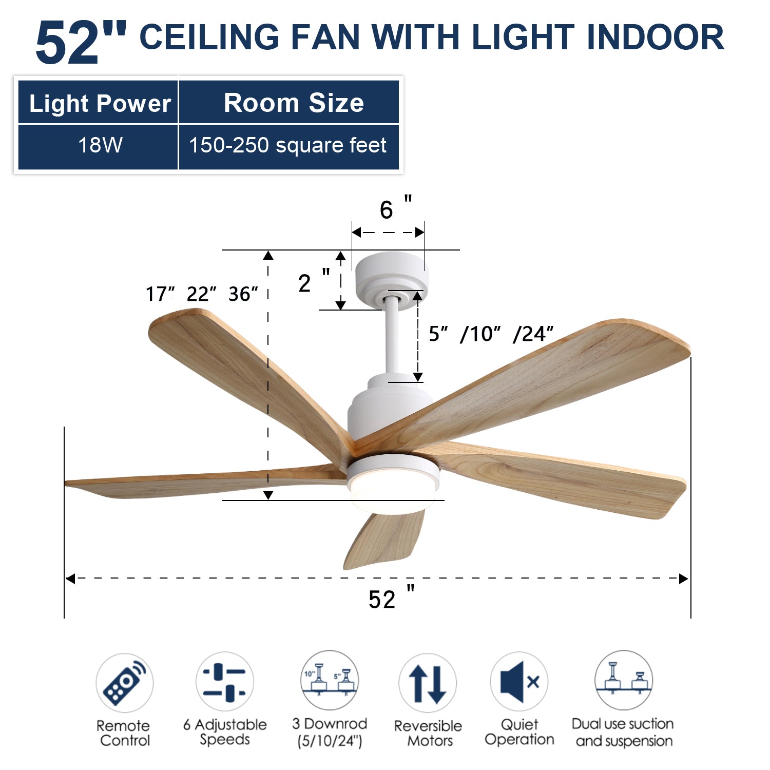 52 Inch Indoor With Dimmable Led Light 5 Solid Wood Blades Remote Control Reversible Dc Motor With Smart App Control White Metal & Wood