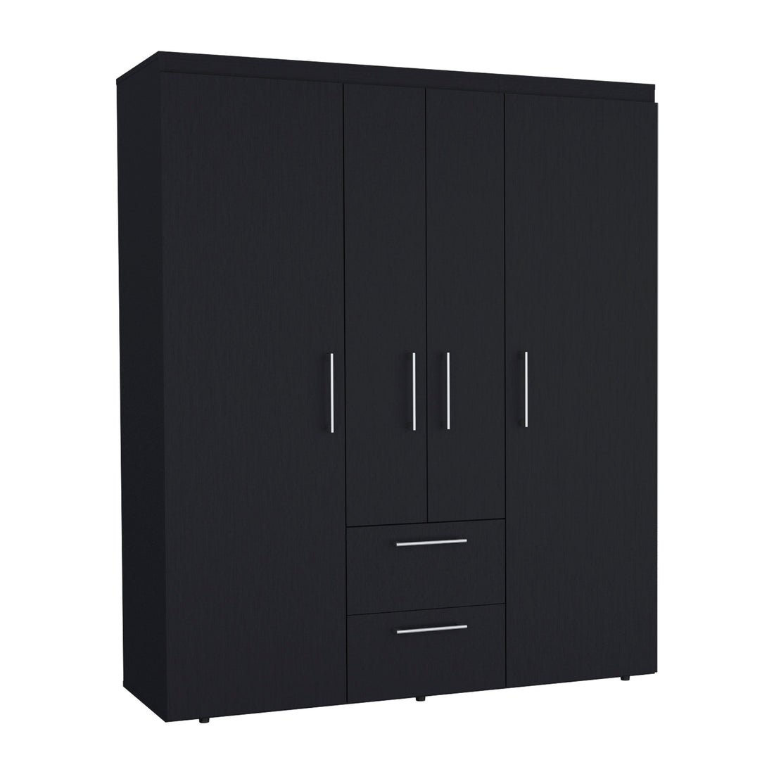 Bariloche Wardrobe, Multi Section Storage With Hanging Rods, Shelves, And 2 Drawers Black Black Bedroom Modern Particle Board