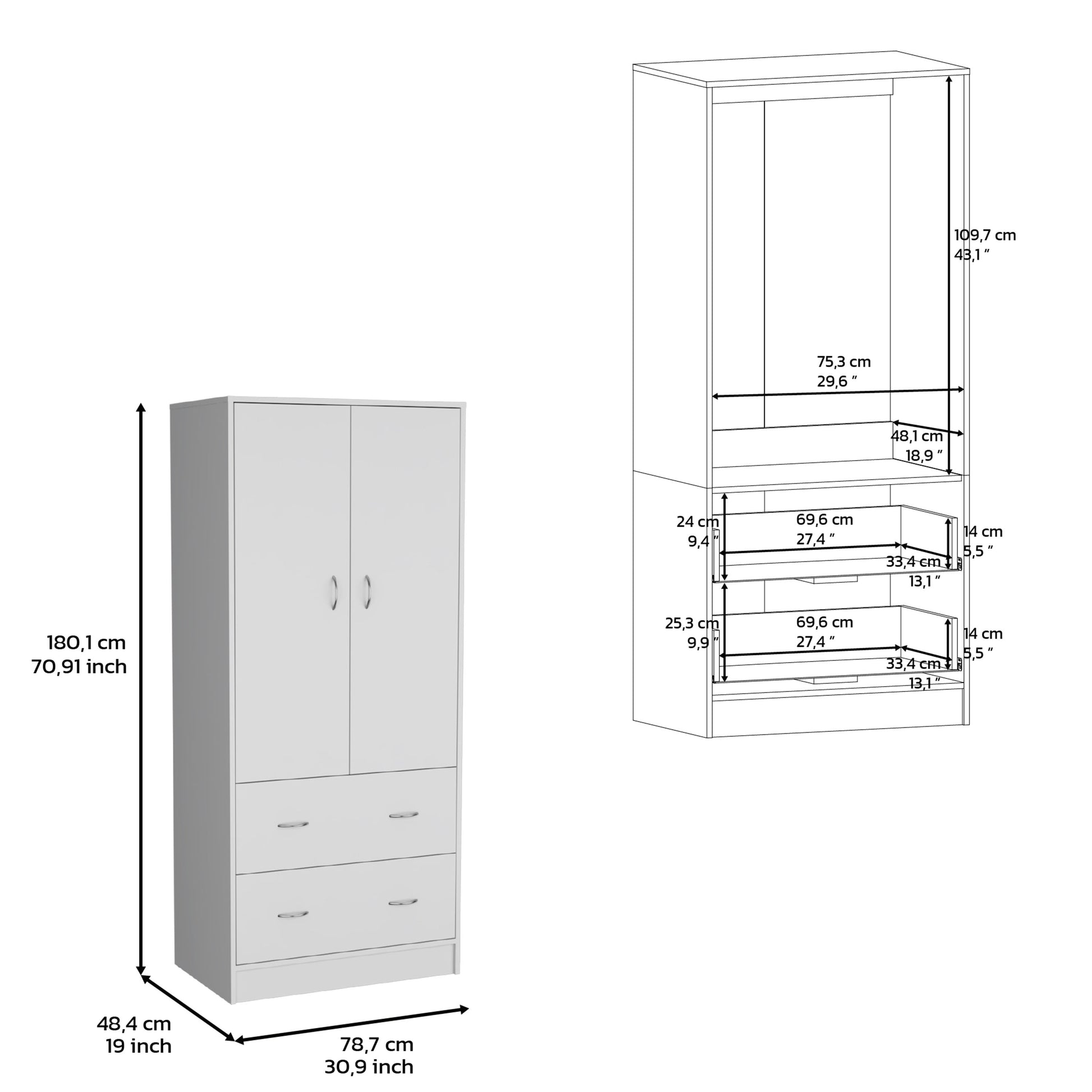 71" H Armoire With Two Doors, Two Drawers, And Hanging Rod,White White Particle Board Particle Board