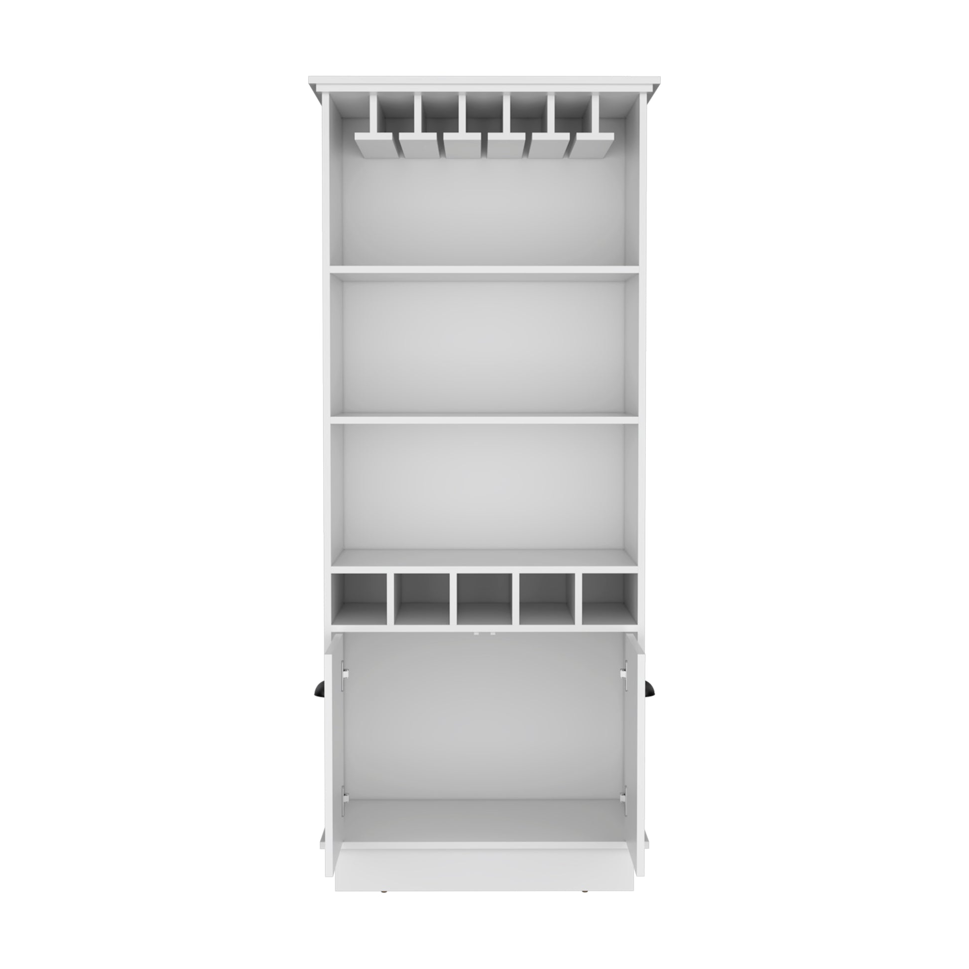 70"H Bar Cabinet With Wine Rack, Upper Glass Cabinet, Three Open Storage Shelves And One Cabinet,White White Particle Board Particle Board