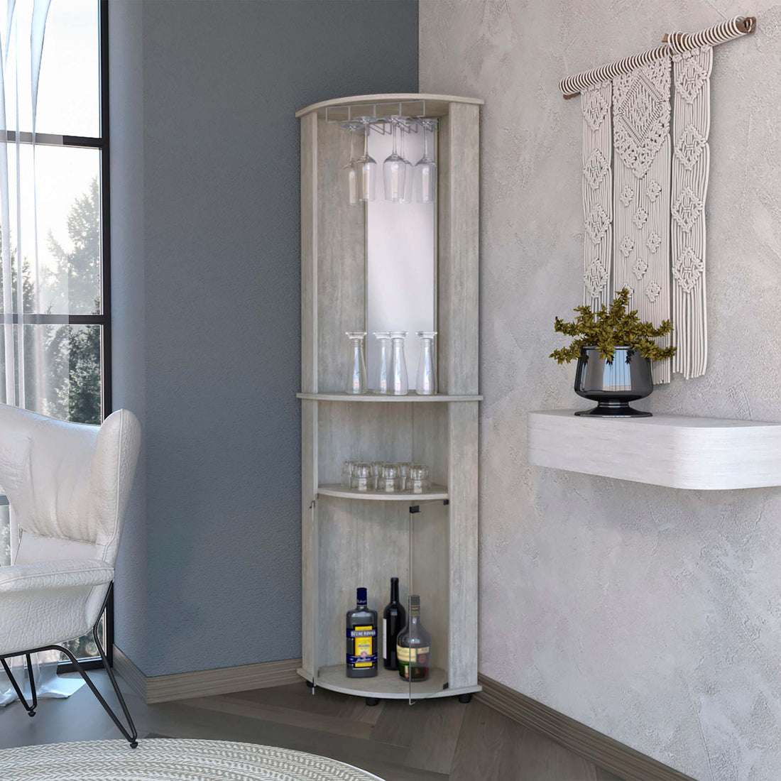 Concrete Gray 3 Tier Shelf Bar Cabinet 3 4 Shelves Gray Gray Primary Living Space Open Storage Space Wood