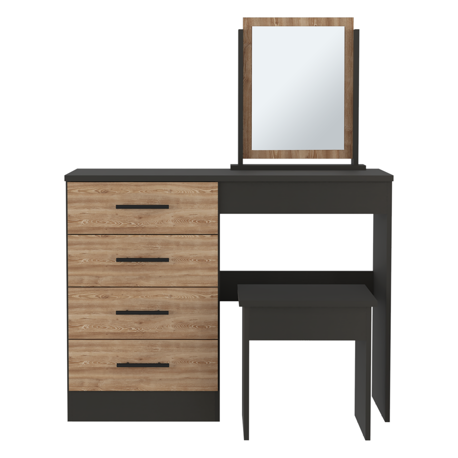 Kaia Makeup Vanity, Four Drawers, One Mirror, Stool Black Pine Multicolor Drawer 4 Drawers Bedroom Shelf Modern Mirror Included Particle Board Particle Board