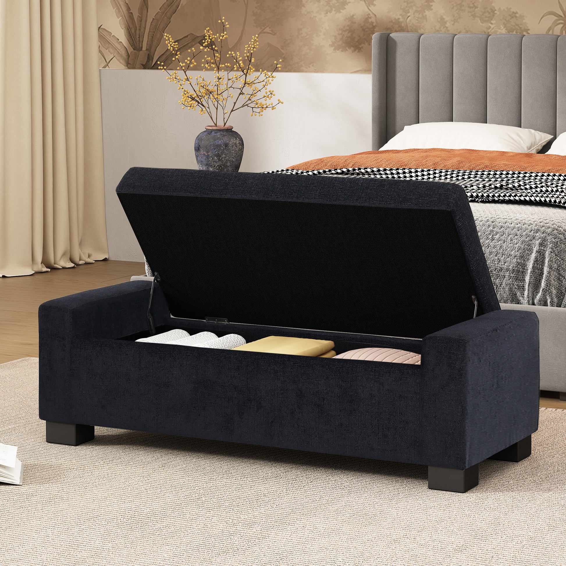 Storage Ottoman Dark Blue Fabric