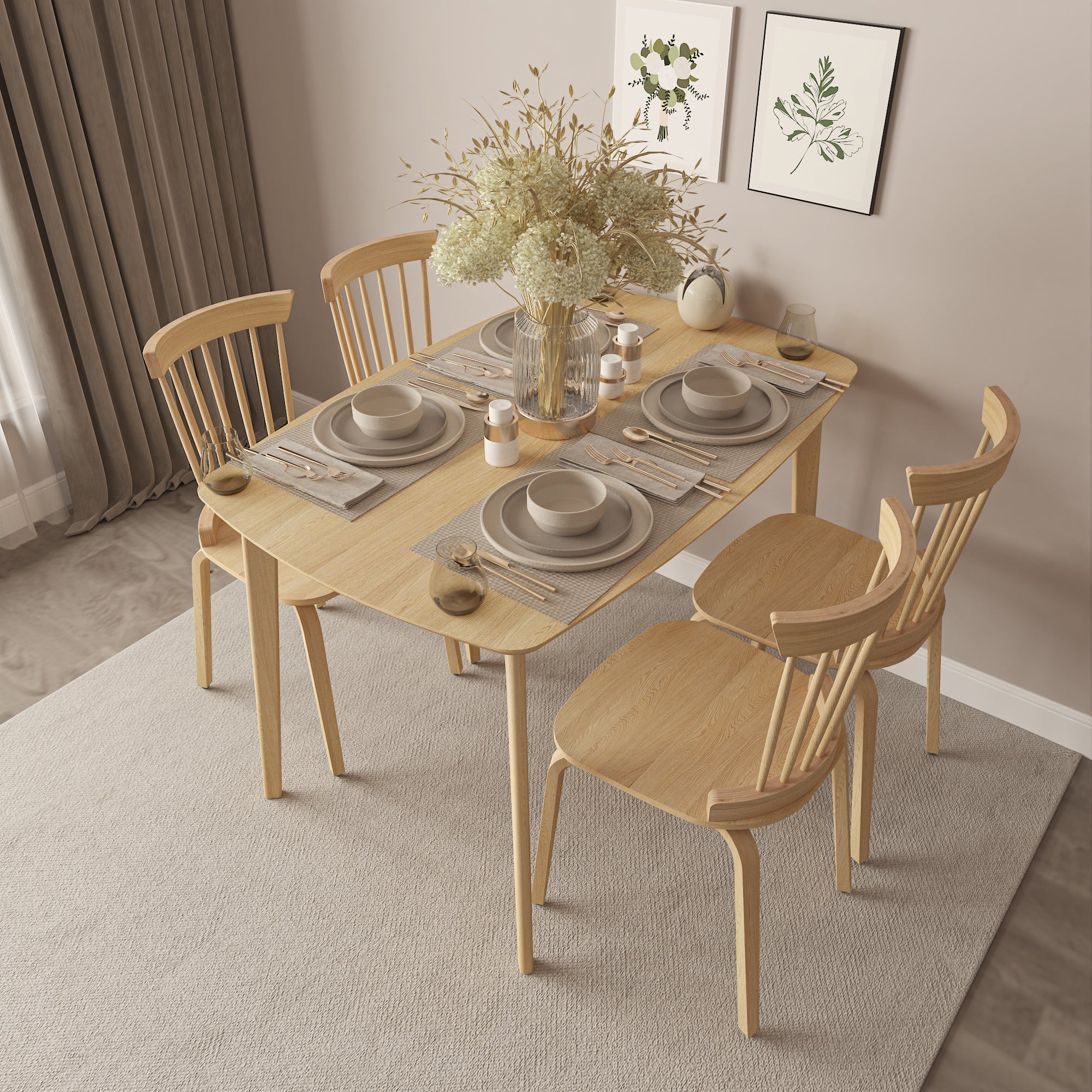 Solid Wood Dining Table With 4 Solid Wood Slat