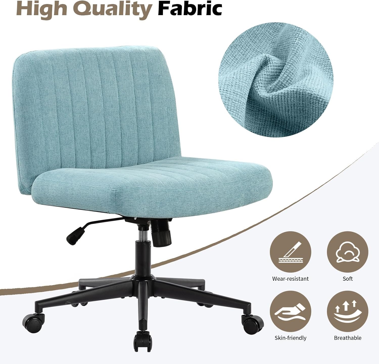 Office Chair With Wheels, Armless Office Chair, Linen Wide Seat Home Office Chair, Cute Computer Chair With 15 Swing Backrest, Suitable For Bedrooms And Dressing Tables Wood Blue Green Handle Linen