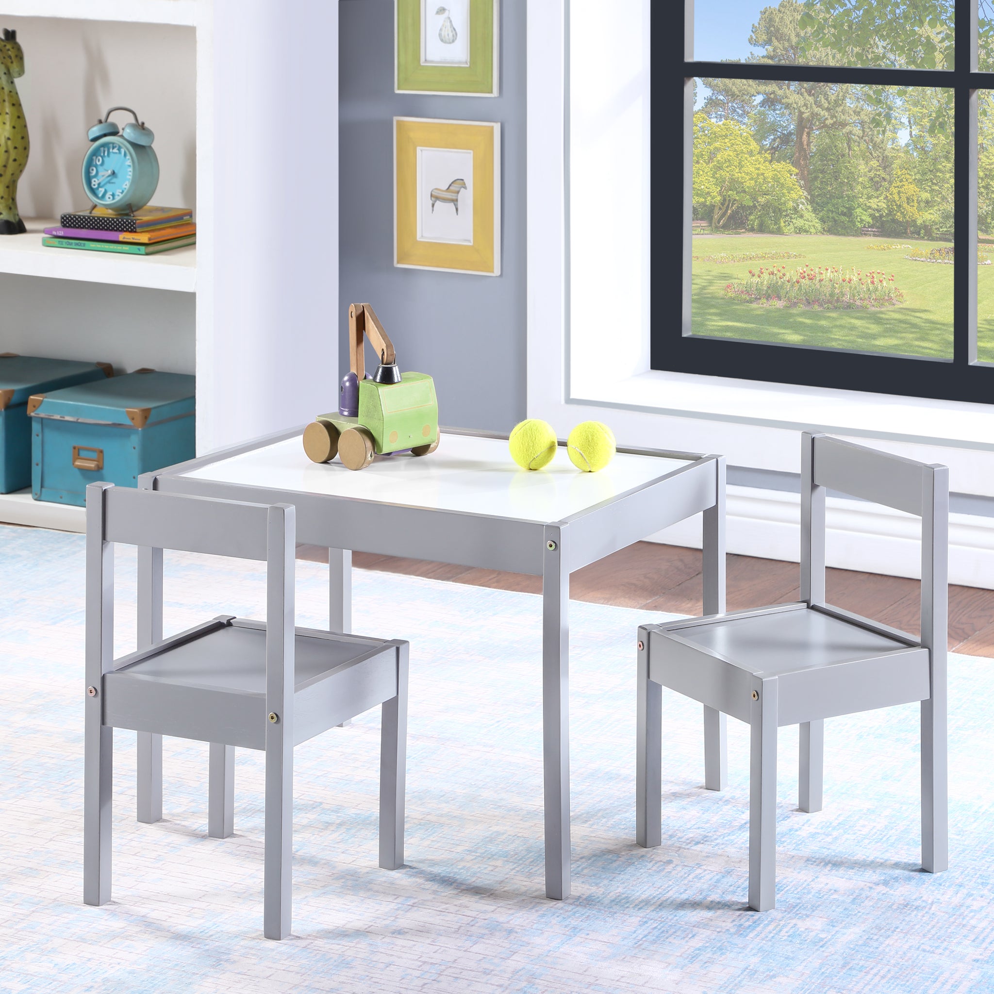 Gibson 3 Piece Dry Erase Kids Table & Two Chair Set, Gray Gray Rubberwood Wood