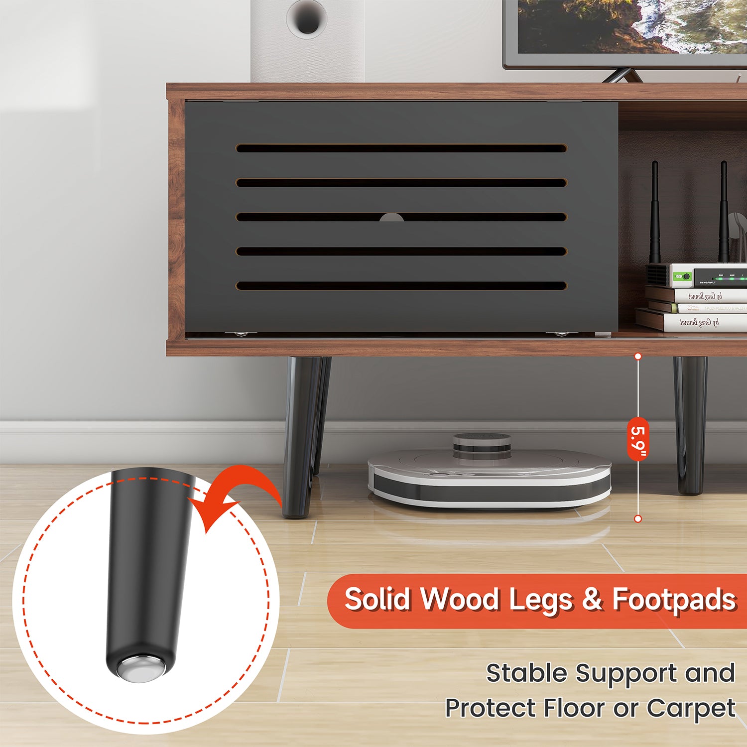 Mid Century Modern Tv Stand For Tvs Up To 70", Entertainment Center With Sliding Doors, Tv Console Table Media Cabinet For Living Room, Bedroom And Office, Walnut Walnut Black Mdf