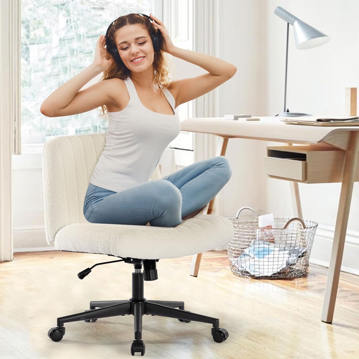 Office Chair With Wheels, Armless Office Chair, Teddy Velvet Wide Seat Home Office Chair, Cute Computer Chair With 15 Swing Backrest, Suitable For Bedrooms And Dressing Tables Wood White Handle