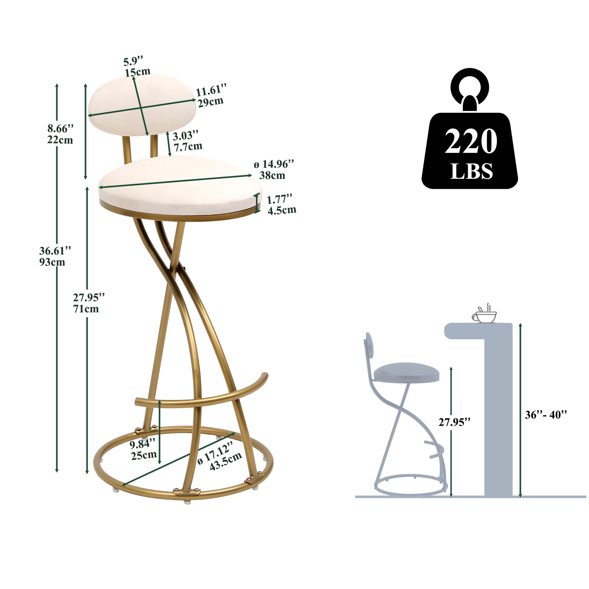 Round Bar Stool Armless Velvet Barstools With Back Set Of 2 Upholstered Counter Chair For Dining Room, Kitchen Island Gold & Creamy White Metal Gold Creamy White Kitchen Powder Coated Dry Clean Modern Set Of 2 Foam Metal