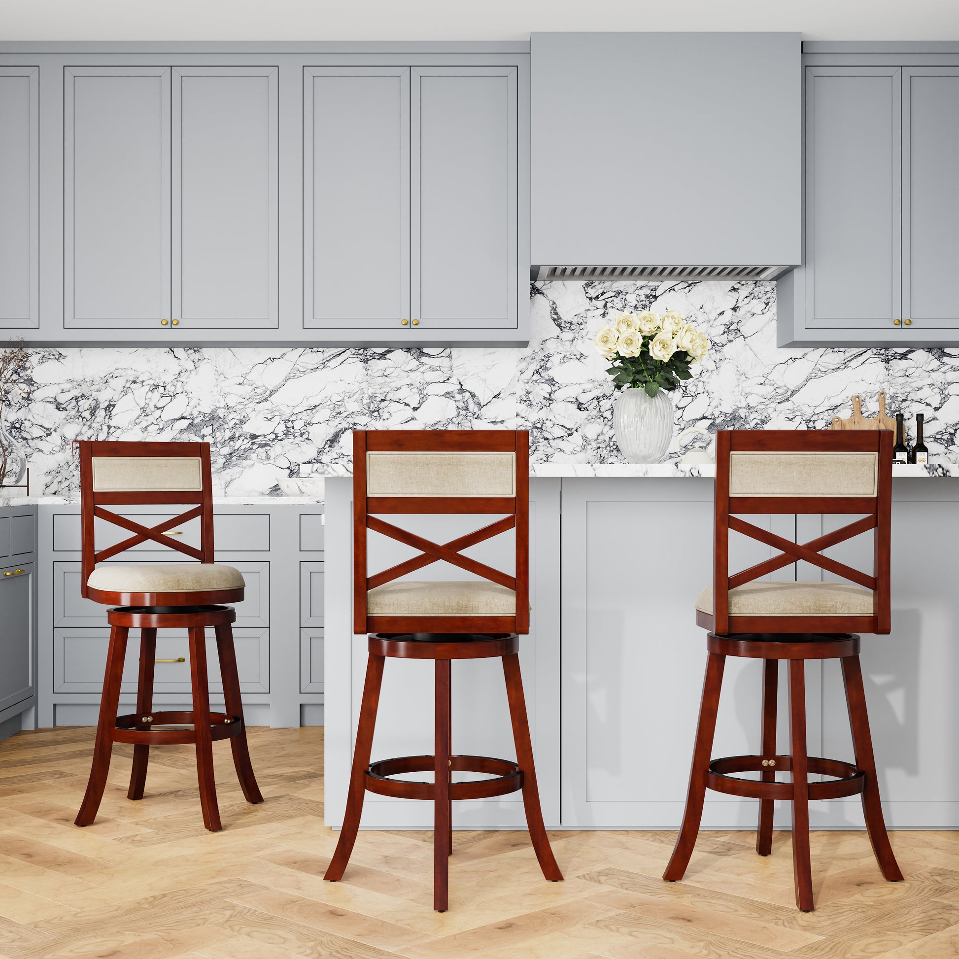 30" Bar Height X Back Swivel Stool, Cherry Finish, Beige Fabric Seat Cherry Fabric