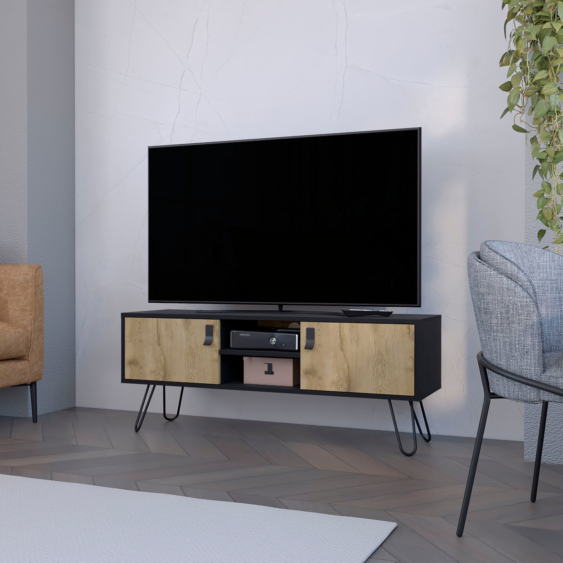 Black And Macadamia Hairpin Legs Tv Rack Black Natural Primary Living Space 40 49 Inches 40 49 Inches 50 Inches Wood