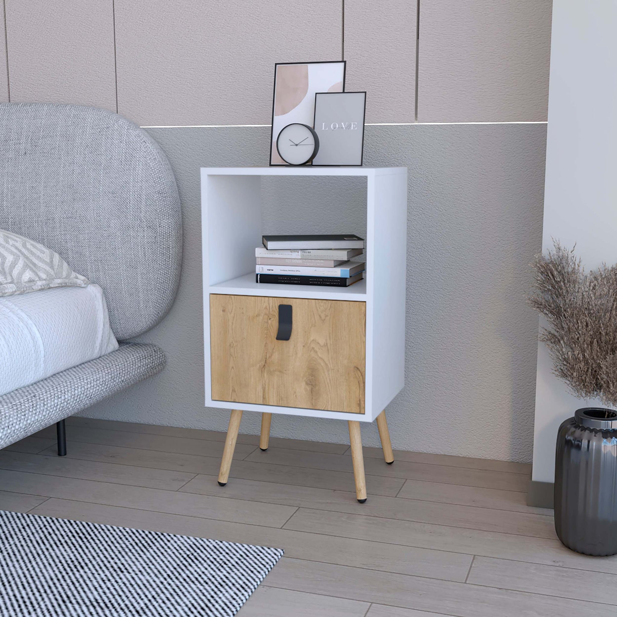 White And Macadamia Open Shelf Tall Nightstand White Natural 1 Drawer Bedroom Open Storage Shelf Wood