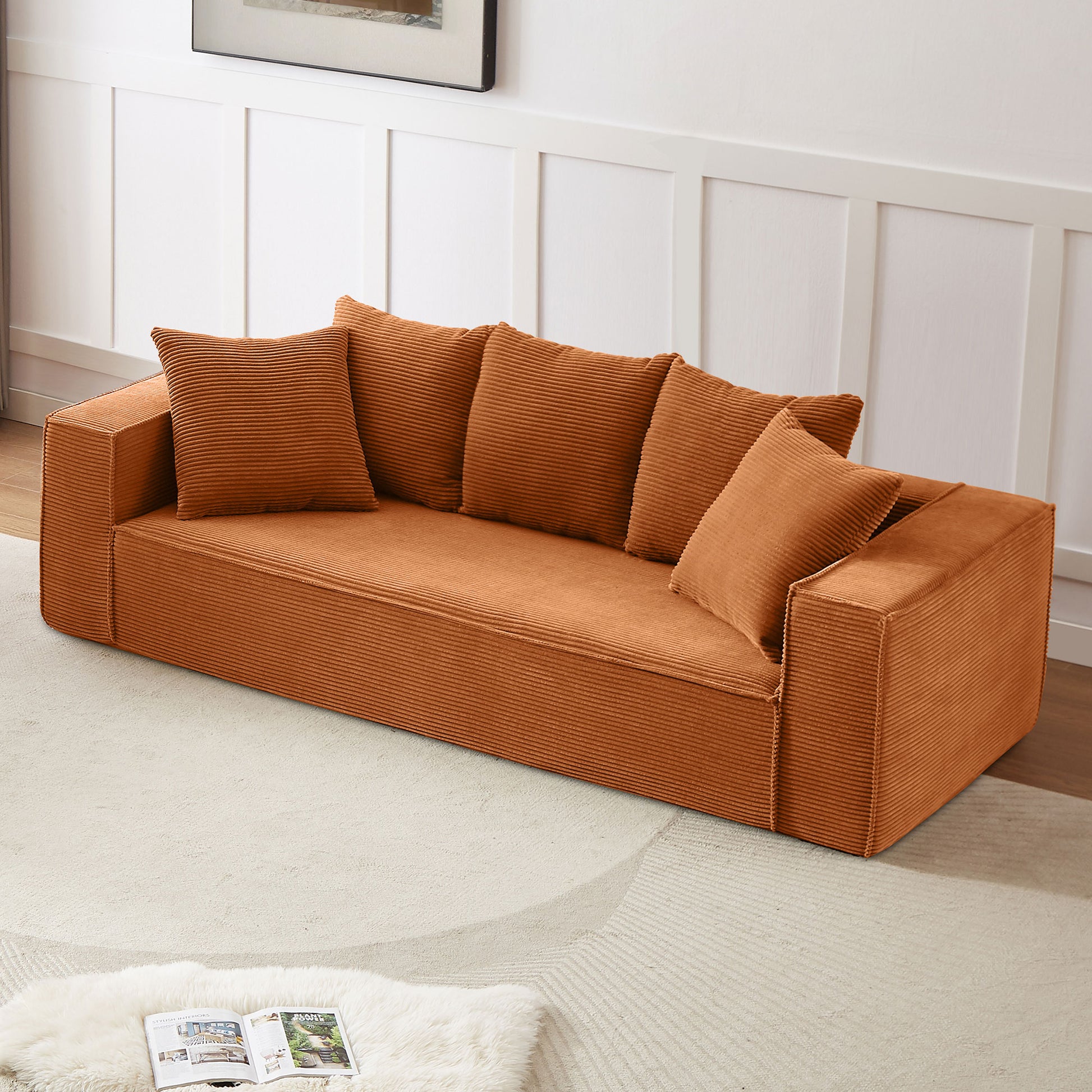 88.97Inch Corduroy Sofa With 5 Matching Toss Pillows Sleek Design Spacious And Comfortable 3 Seater Couch For Modern Living Room,Orange Orange Corduroy 3 Seat