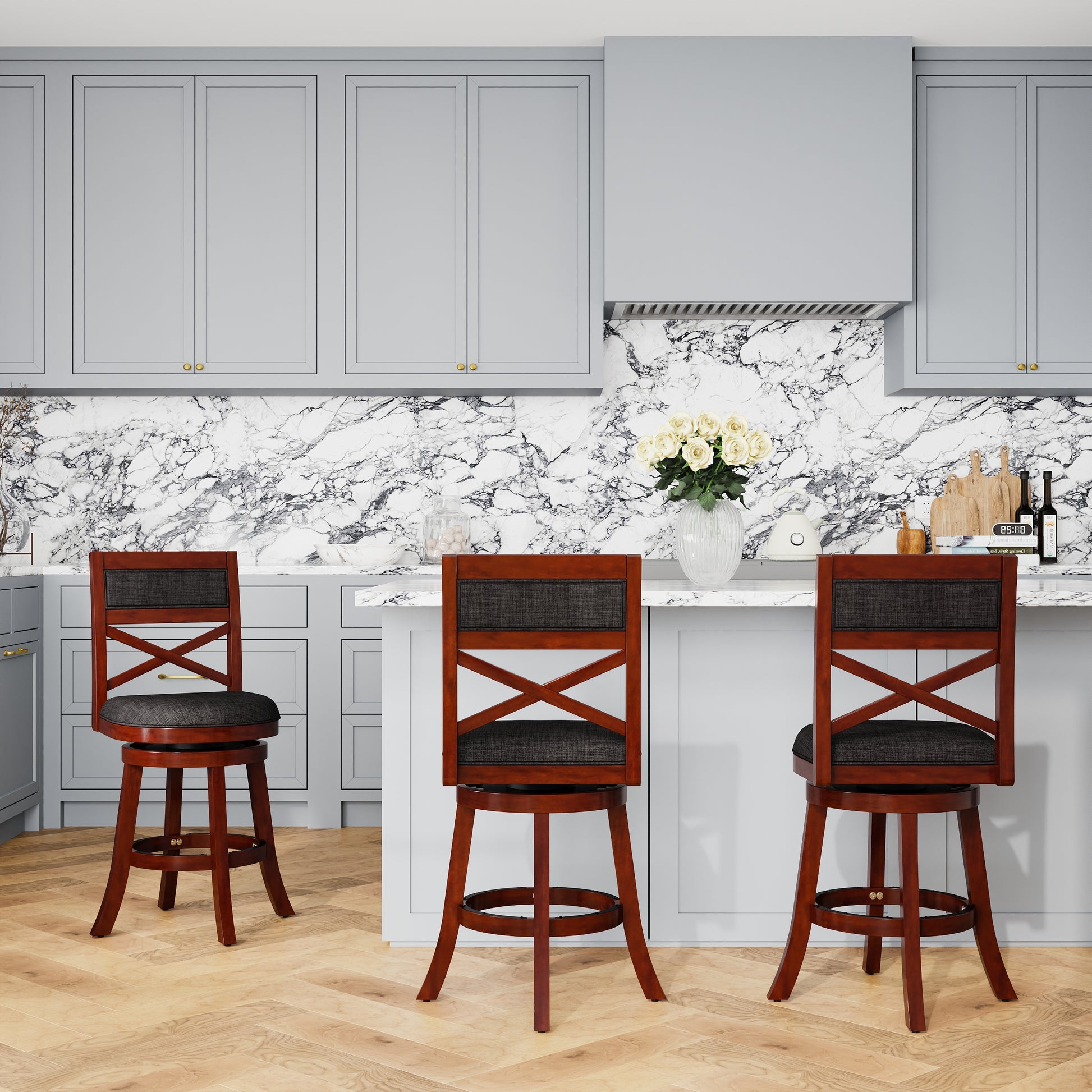 24" Counter Height X Back Swivel Stool, Cherry Finish, Charcoal Fabric Seat Cherry Fabric