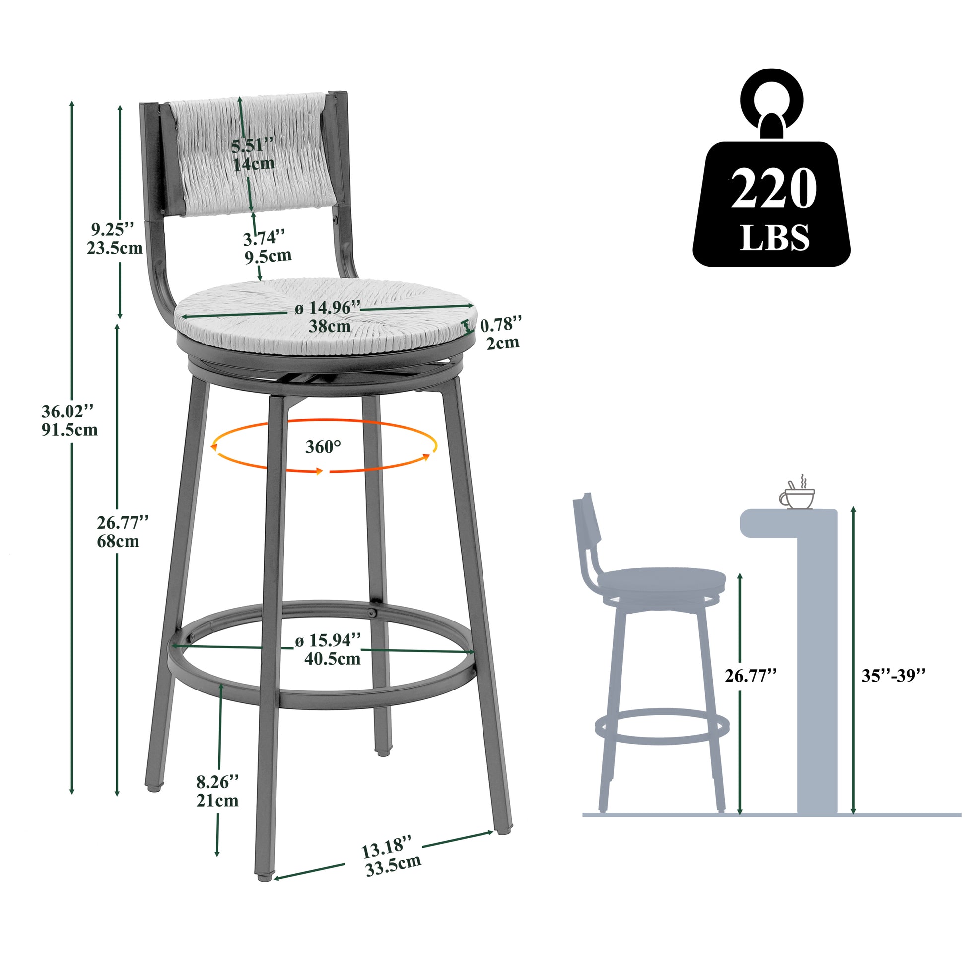 Gray Set Of 2 Counter Height Bar Stools With Footrest Swivel Hand Weaving Dining Chairs Farmhouse Armless Kitchen Barstools Gray Metal Gray Kitchen Powder Coated Round Dry Clean Farmhouse Bar Stools Set Of 2 Paper Rope