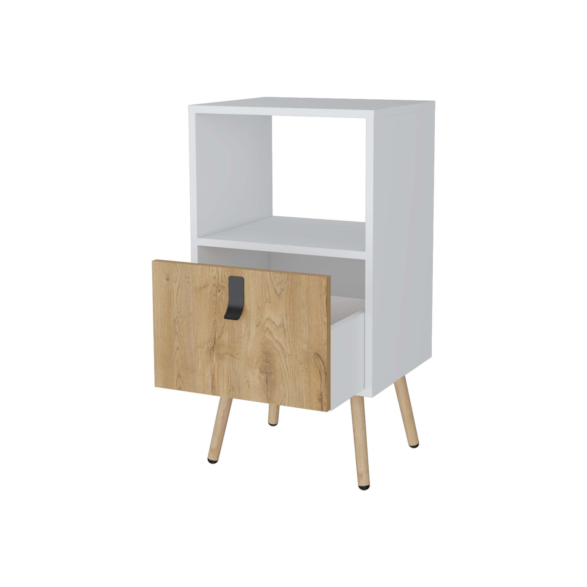 White And Macadamia Open Shelf Tall Nightstand White Natural 1 Drawer Bedroom Open Storage Shelf Wood