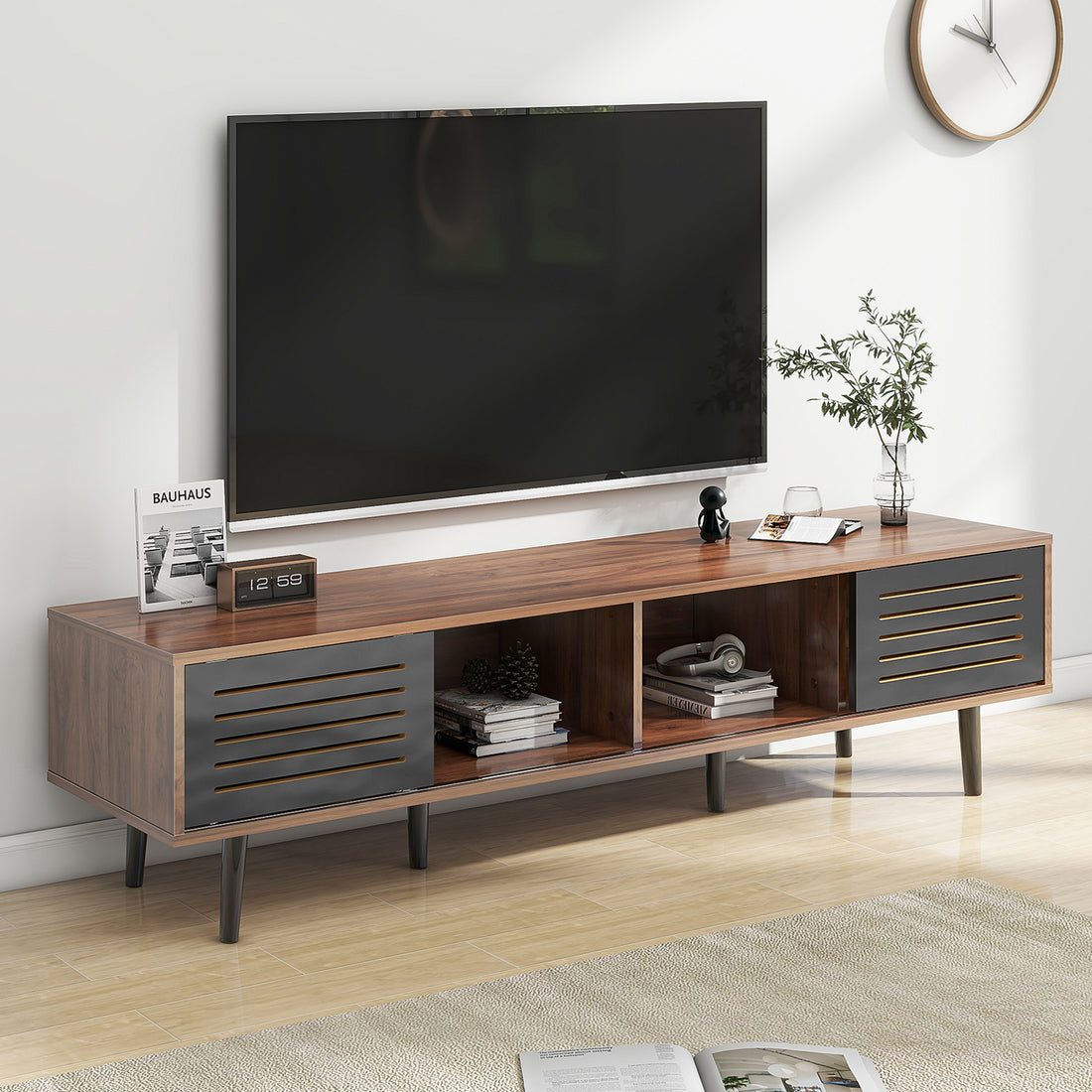 Mid Century Modern Tv Stand For Tvs Up To 70", Entertainment Center With Sliding Doors, Tv Console Table Media Cabinet For Living Room, Bedroom And Office, Walnut Walnut Black Mdf