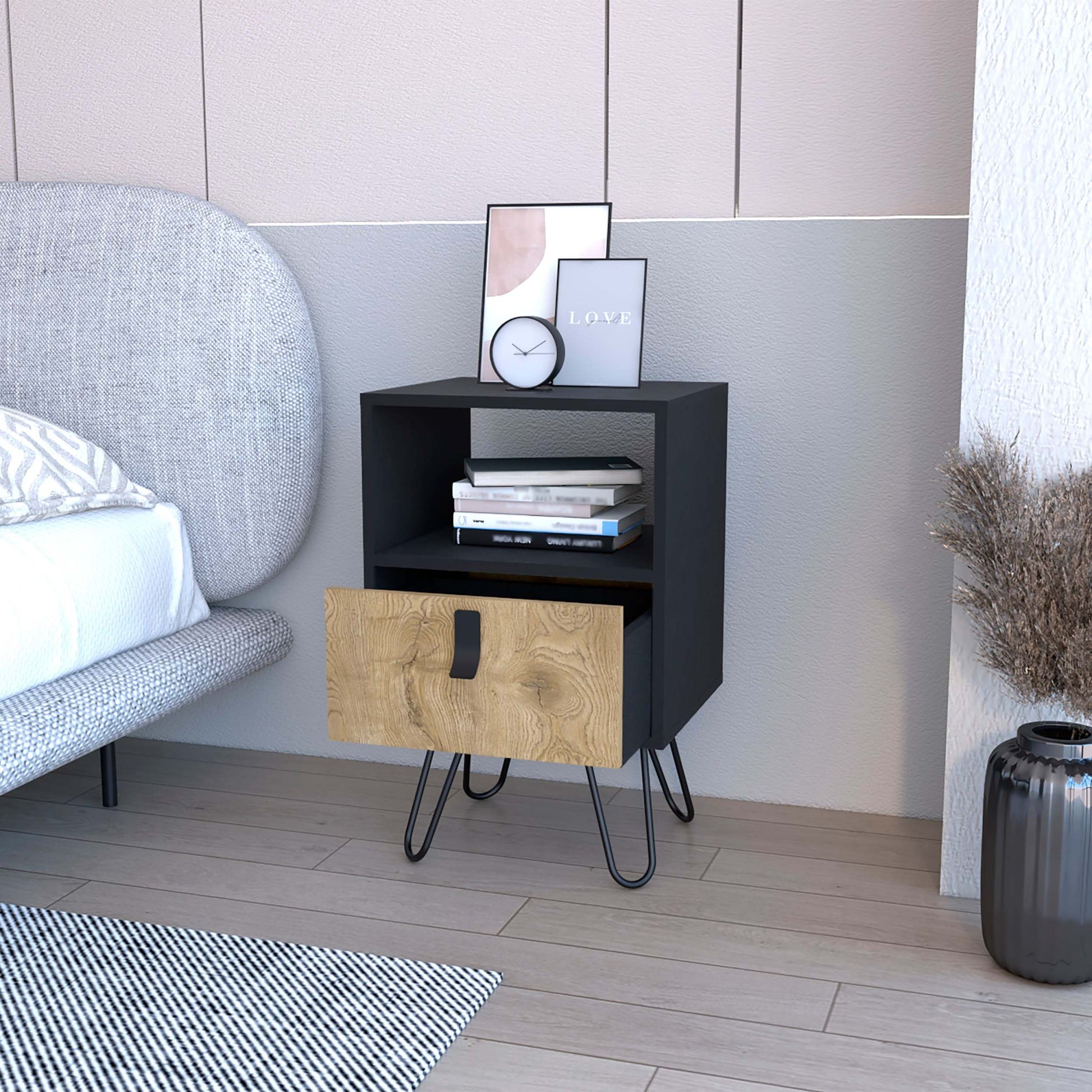 Black And Macadamia Hairpin Legs Nightstand Black Natural 1 Drawer Bedroom Drawer Storage Storage Wood