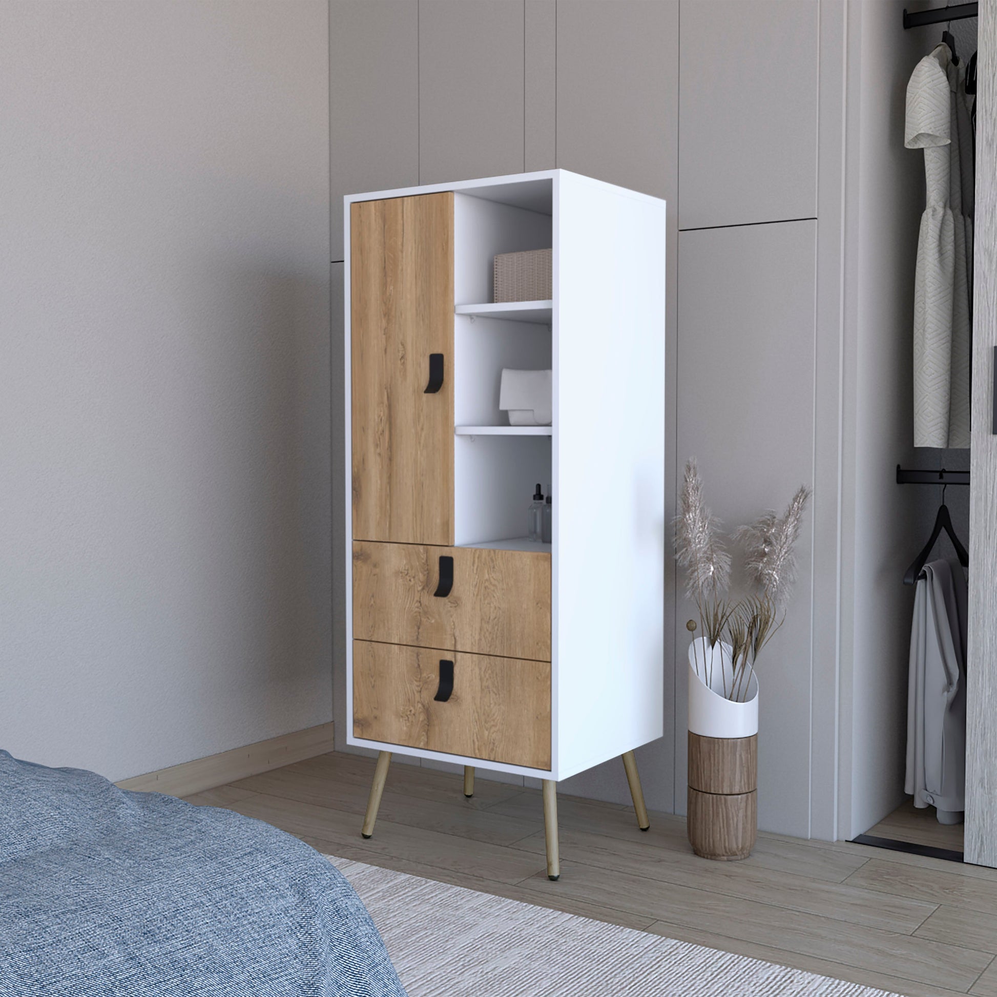 White And Macadamia 2 Drawer Tall Dresser White Natural Bedroom Wood