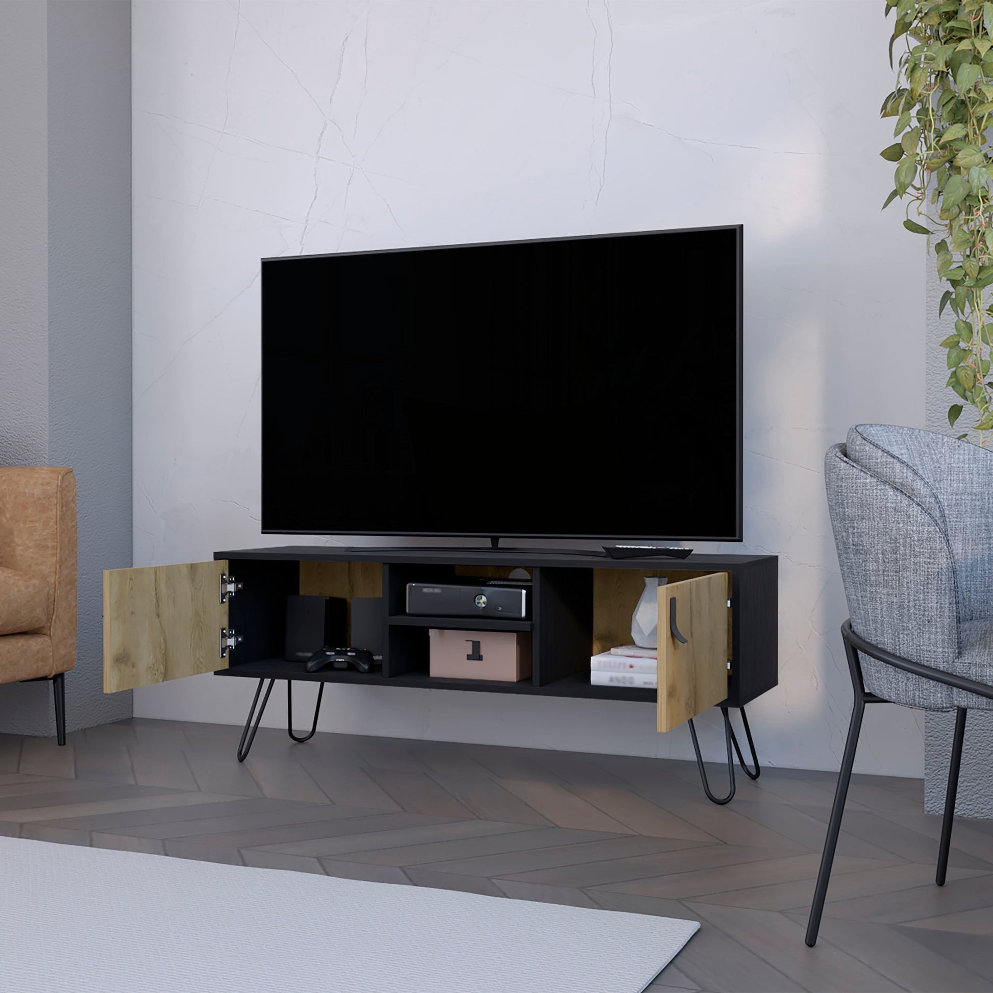 Black And Macadamia Hairpin Legs Tv Rack Black Natural Primary Living Space 40 49 Inches 40 49 Inches 50 Inches Wood