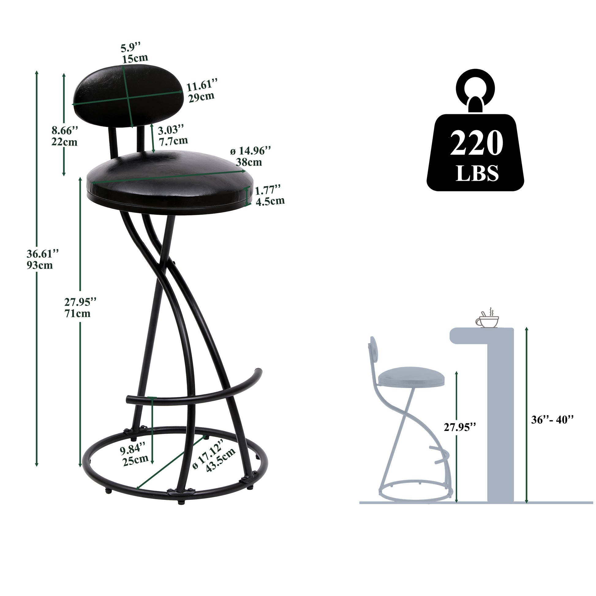 Bar Stools Upholstered Counter Height Barstools For Kitchen Island Set Of 2 Modern Pu Leather Dining Chairs With Footrest Black Metal Solid Black Dining Room Powder Coated Dry Clean Round Modern Dining Chairs Set Of 2 Foam Metal