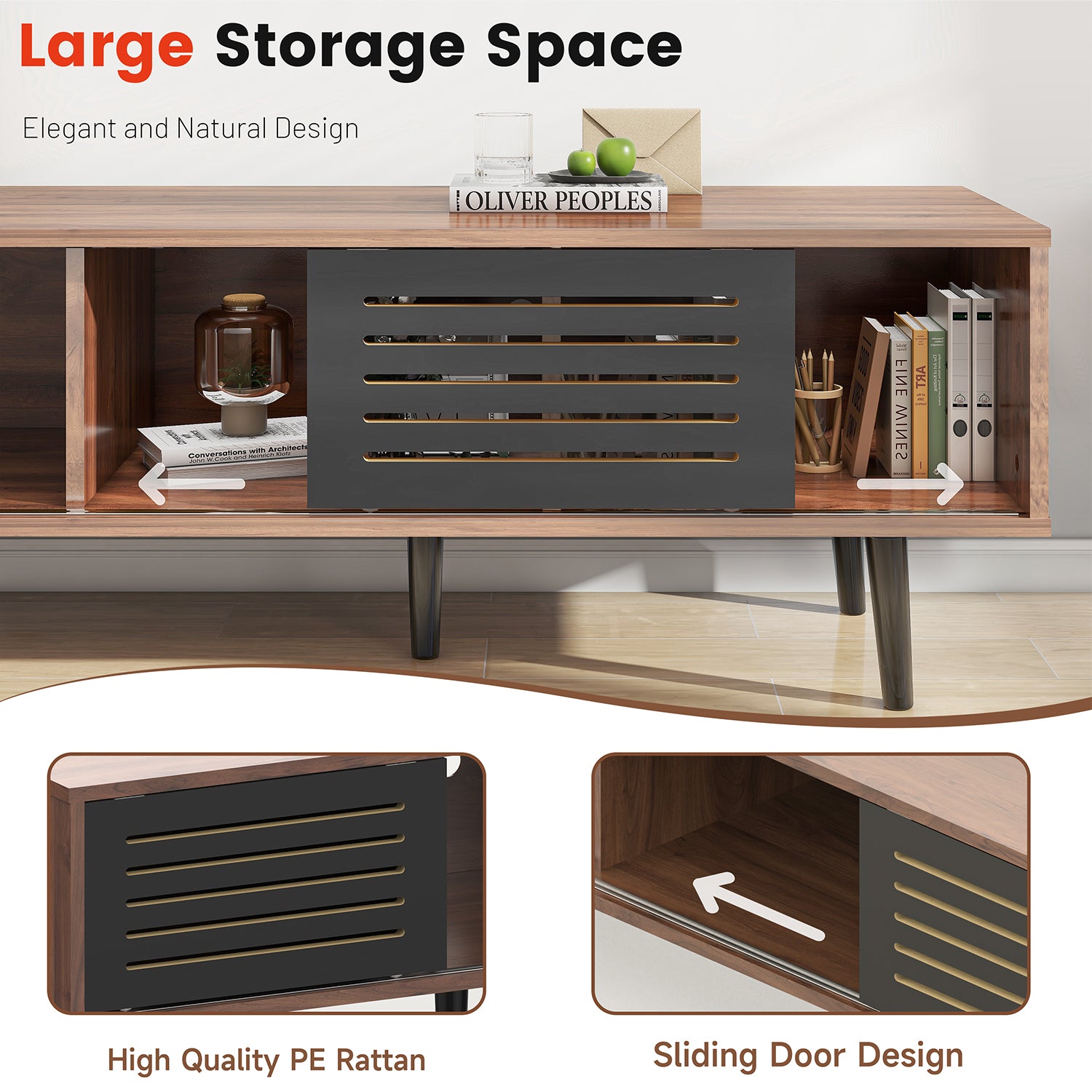 Mid Century Modern Tv Stand For Tvs Up To 70", Entertainment Center With Sliding Doors, Tv Console Table Media Cabinet For Living Room, Bedroom And Office, Walnut Walnut Black Mdf