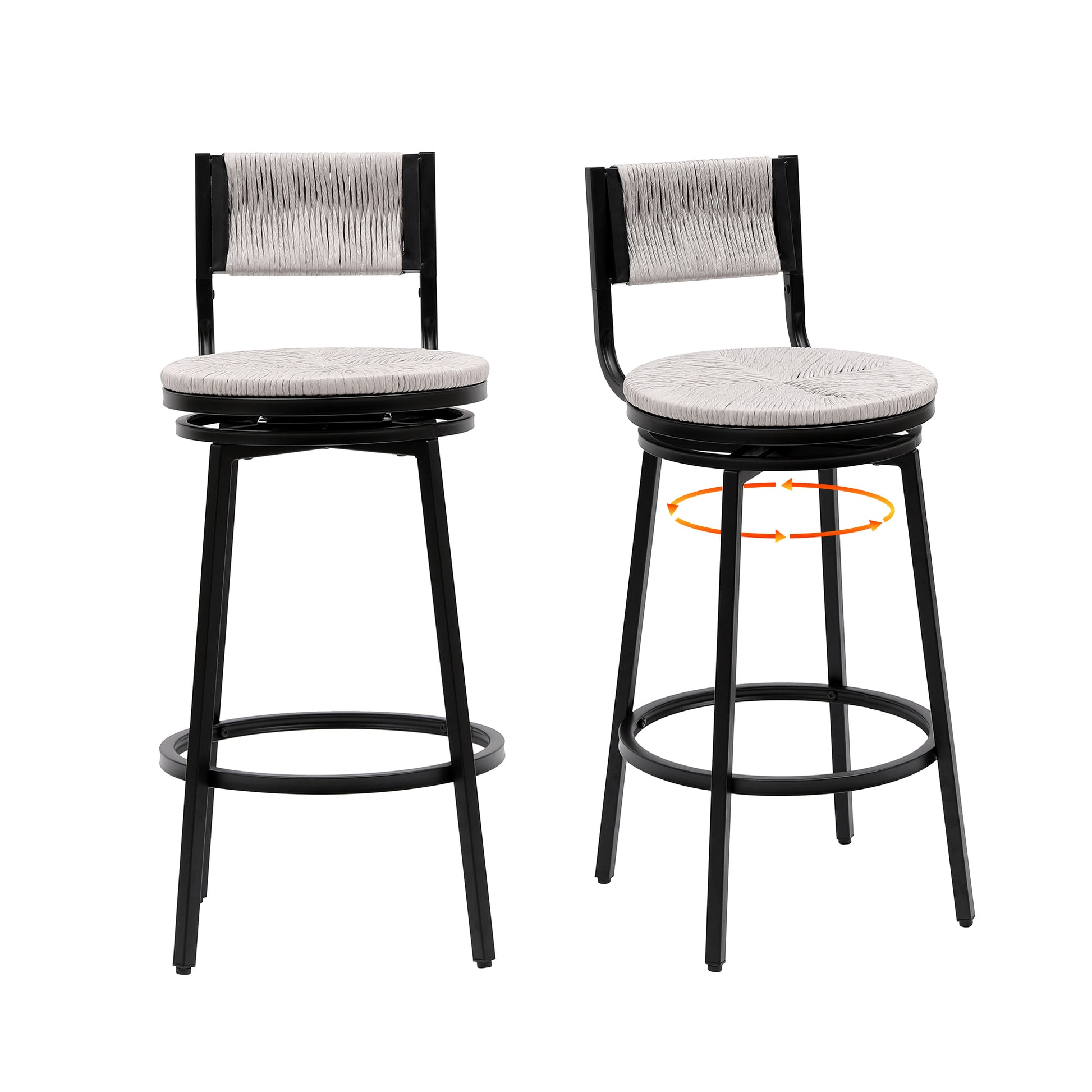 Gray Set Of 2 Counter Height Bar Stools With Footrest Swivel Hand Weaving Dining Chairs Farmhouse Armless Kitchen Barstools Gray Metal Gray Kitchen Powder Coated Round Dry Clean Farmhouse Bar Stools Set Of 2 Paper Rope