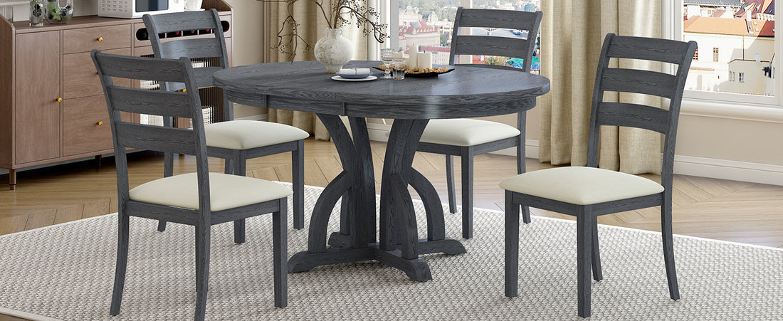 5 Piece Farmhouse Round Pedestal Extending Dining Table Set Extendable Kitchen Table Set With 15.8" Removable Leaf And Ladder Back Dining Chairs For Small Places, Black Wood Dining Room Extendable Rubberwood Oval Dining Table With Chair Upholstered Chair