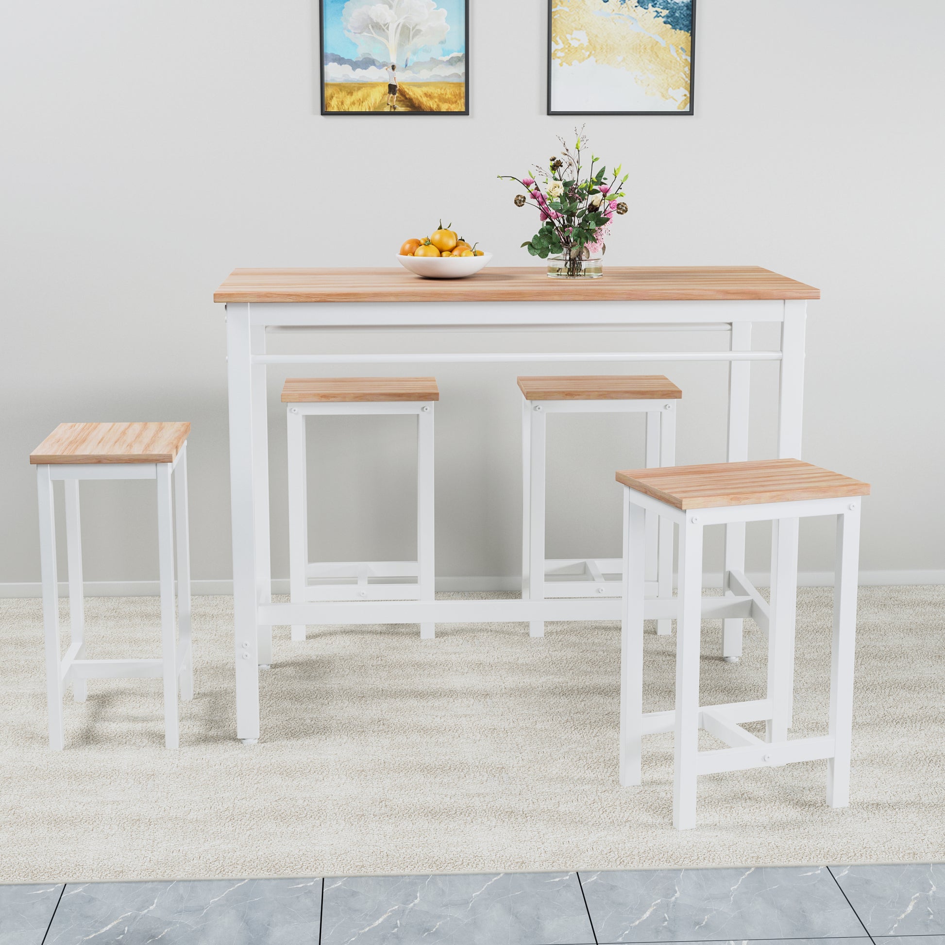 5 Piece Modern Kitchen Table With Four Bar Stools Bar Table Set 5Pc,Metal Frame And Mdf, White Oak,47.5'' L X 23.7'' W X 35.5'' H. White Oak White Seats 4 Dining Room Industrial,Mid Century Modern,Modern,Rustic Mdf