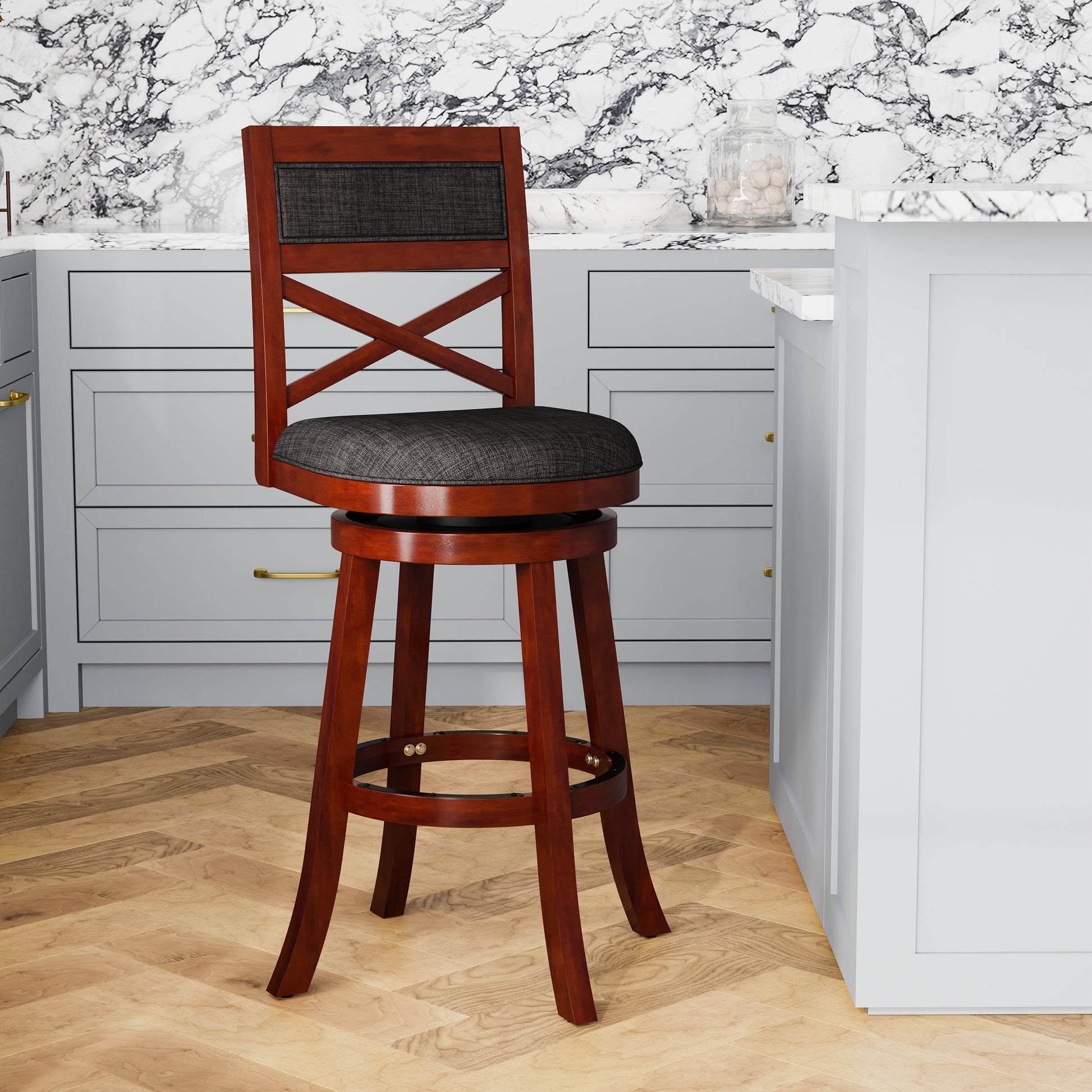 30" Bar Height X Back Swivel Stool, Stool, Cherry Finish, Charcoal Fabric Seat Cherry Fabric