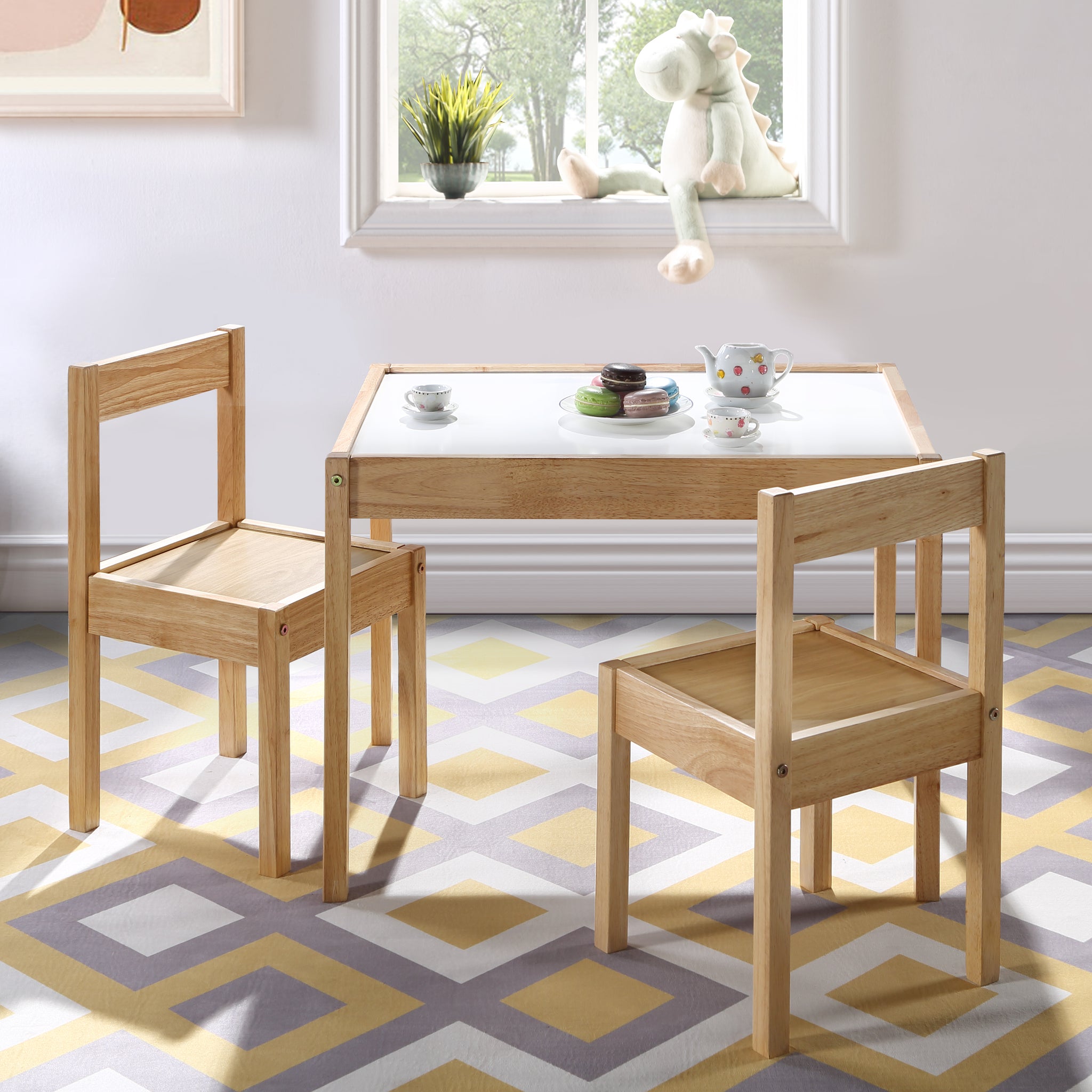 Gibson 3 Piece Dry Erase Kids Table & Two Chair Set, Natural Natural Rubberwood Wood