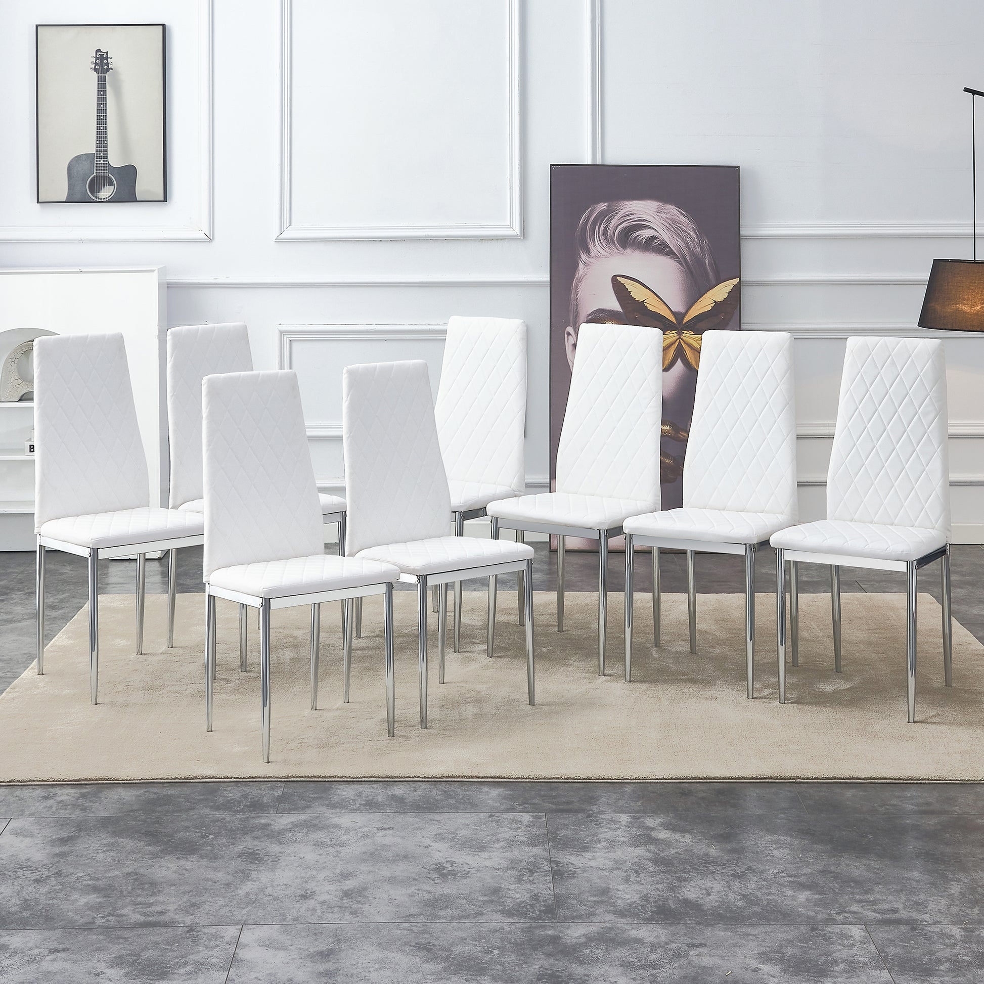 Grid Armless High Backrest Dining Chair, 8 Piece Set Of Silver Metal Legs White Chair, Office Chair. Suitable For Restaurants, Living Rooms, Kitchens, And Offices. 0924 White Pu