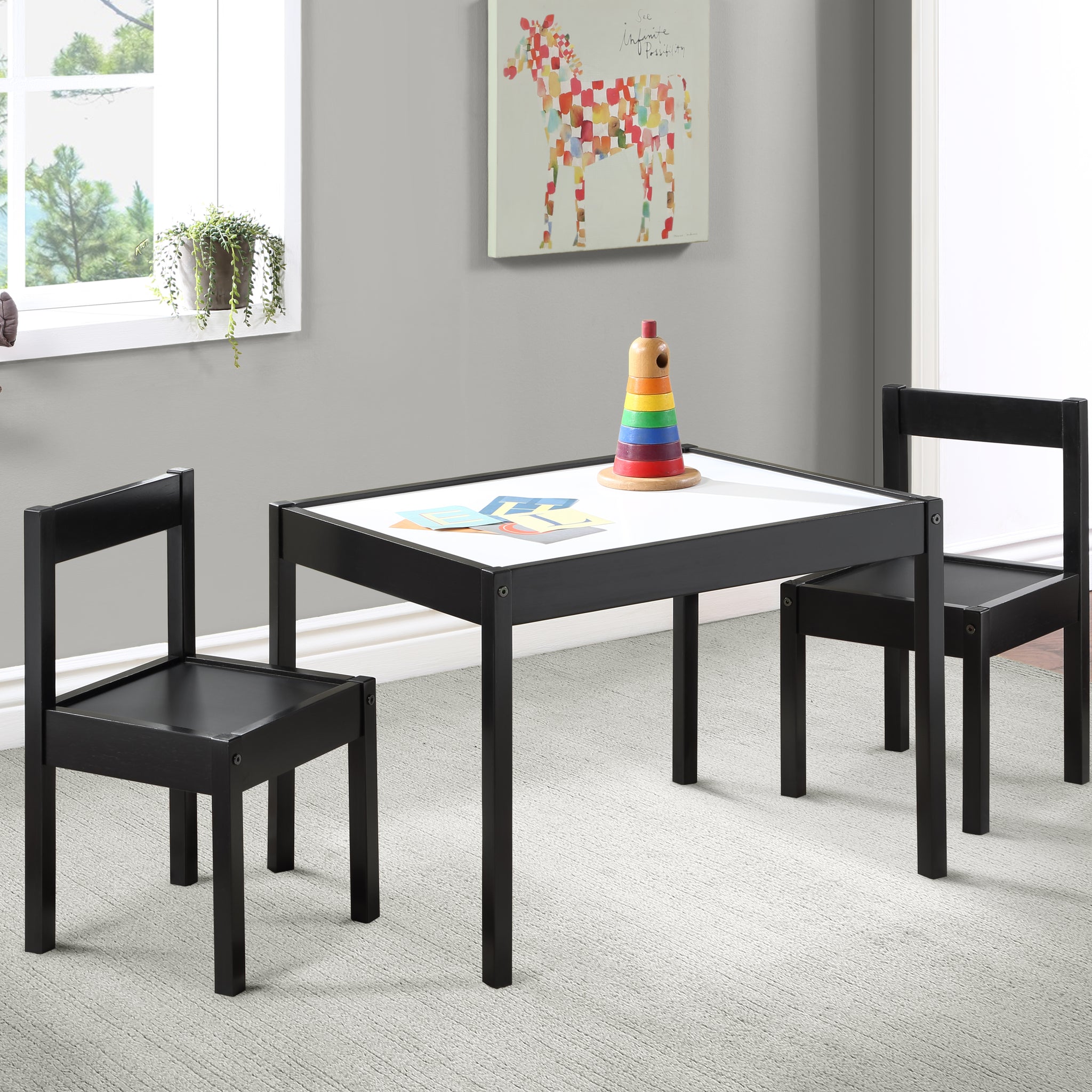 Gibson 3 Piece Dry Erase Kids Table & Two Chair Set, Black Black Rubberwood Wood