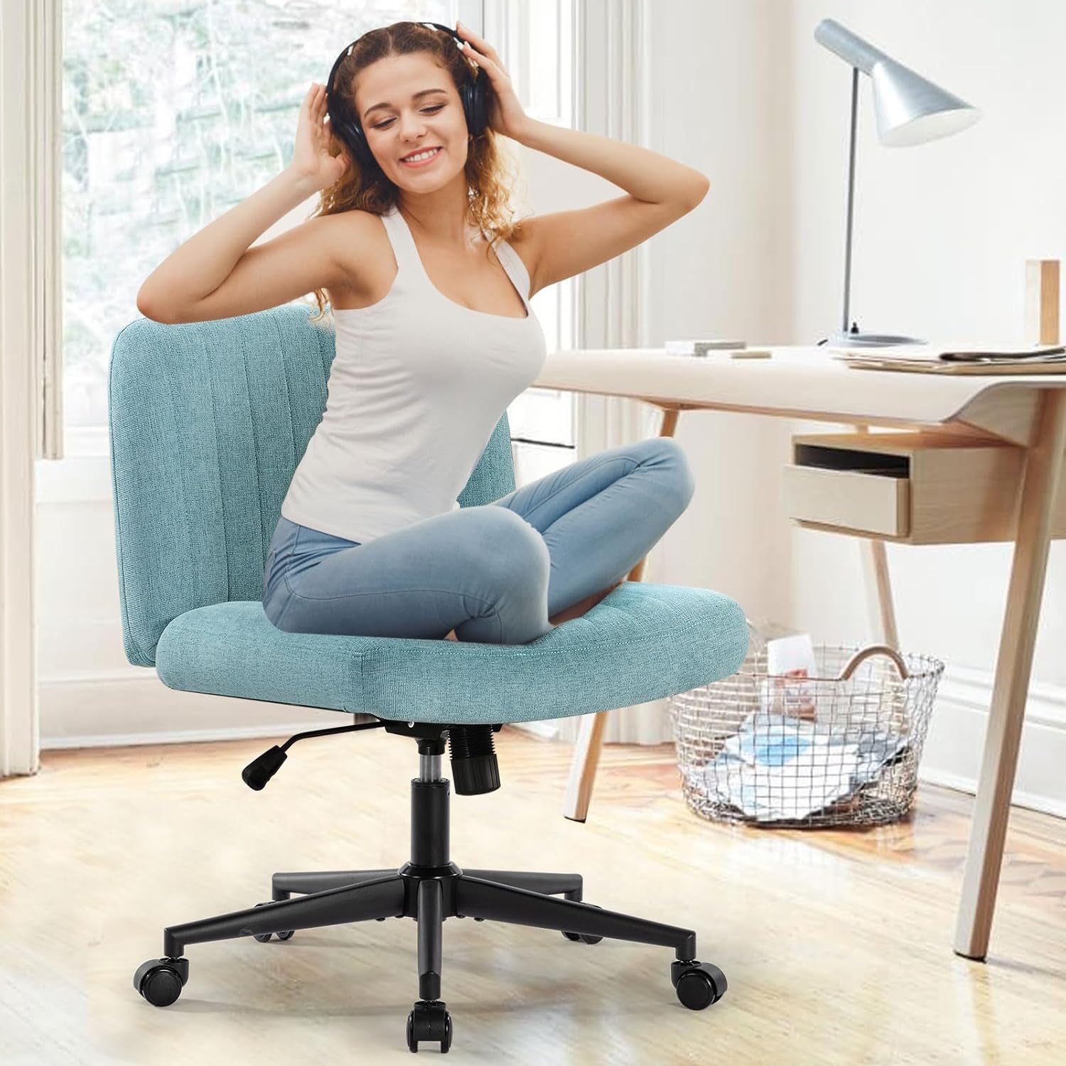 Office Chair With Wheels, Armless Office Chair, Linen Wide Seat Home Office Chair, Cute Computer Chair With 15 Swing Backrest, Suitable For Bedrooms And Dressing Tables Wood Blue Green Handle Linen