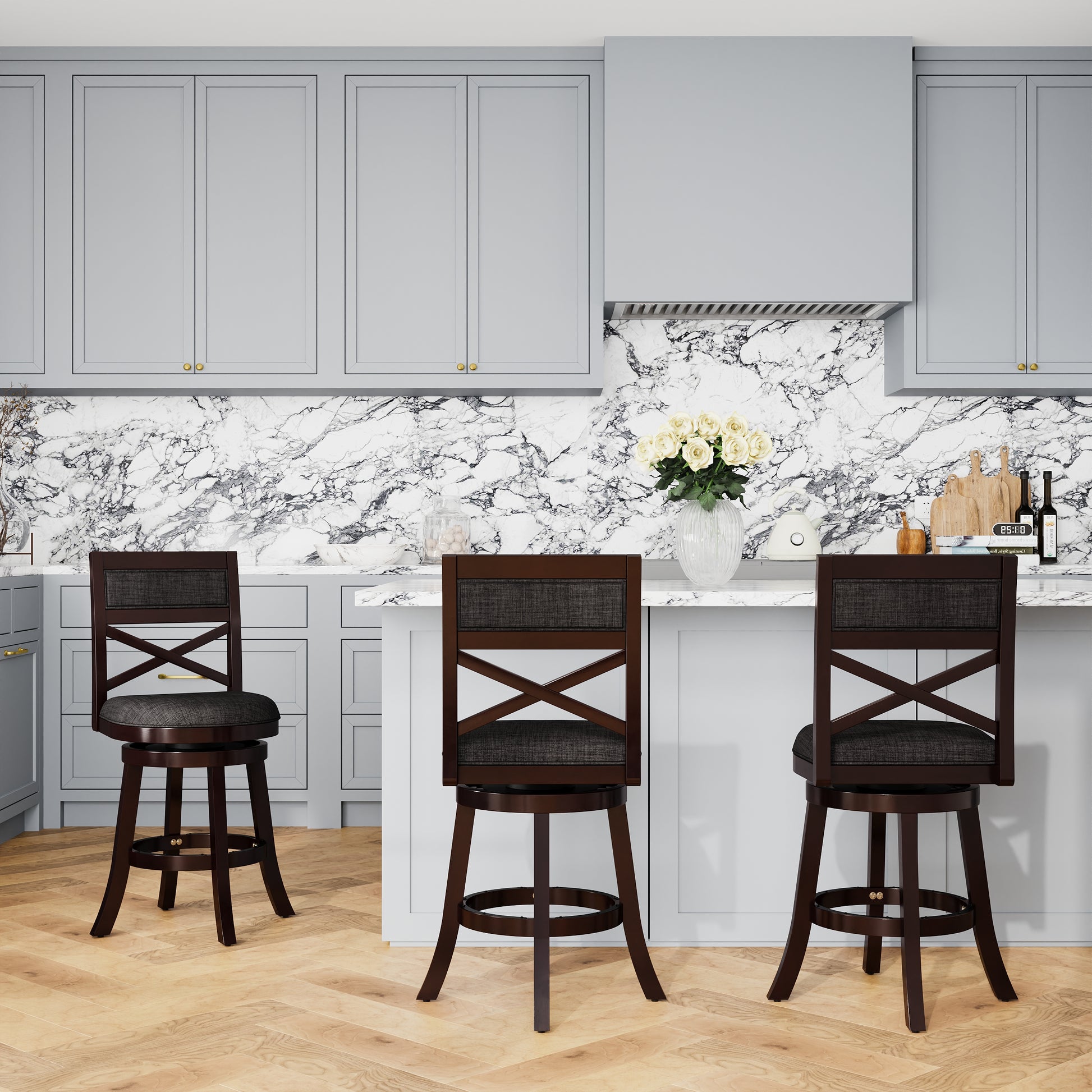 24" Counter Height X Back Swivel Stool, Espresso Finish, Charcoal Fabric Seat Espresso Fabric