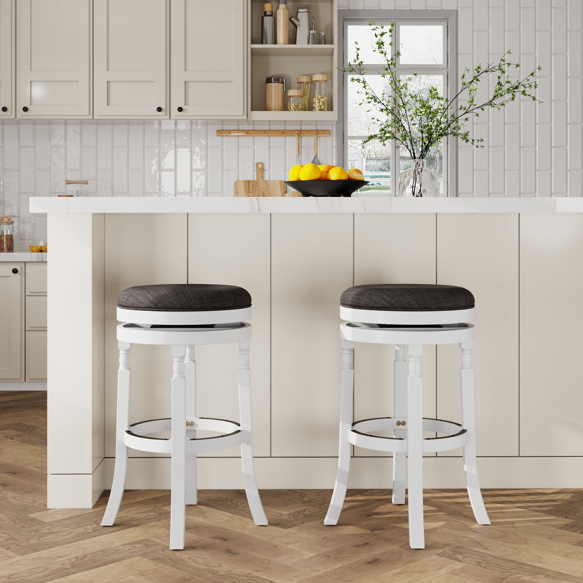 30" Bar Stool, White Finish, Charcoal Fabric Seat White Fabric