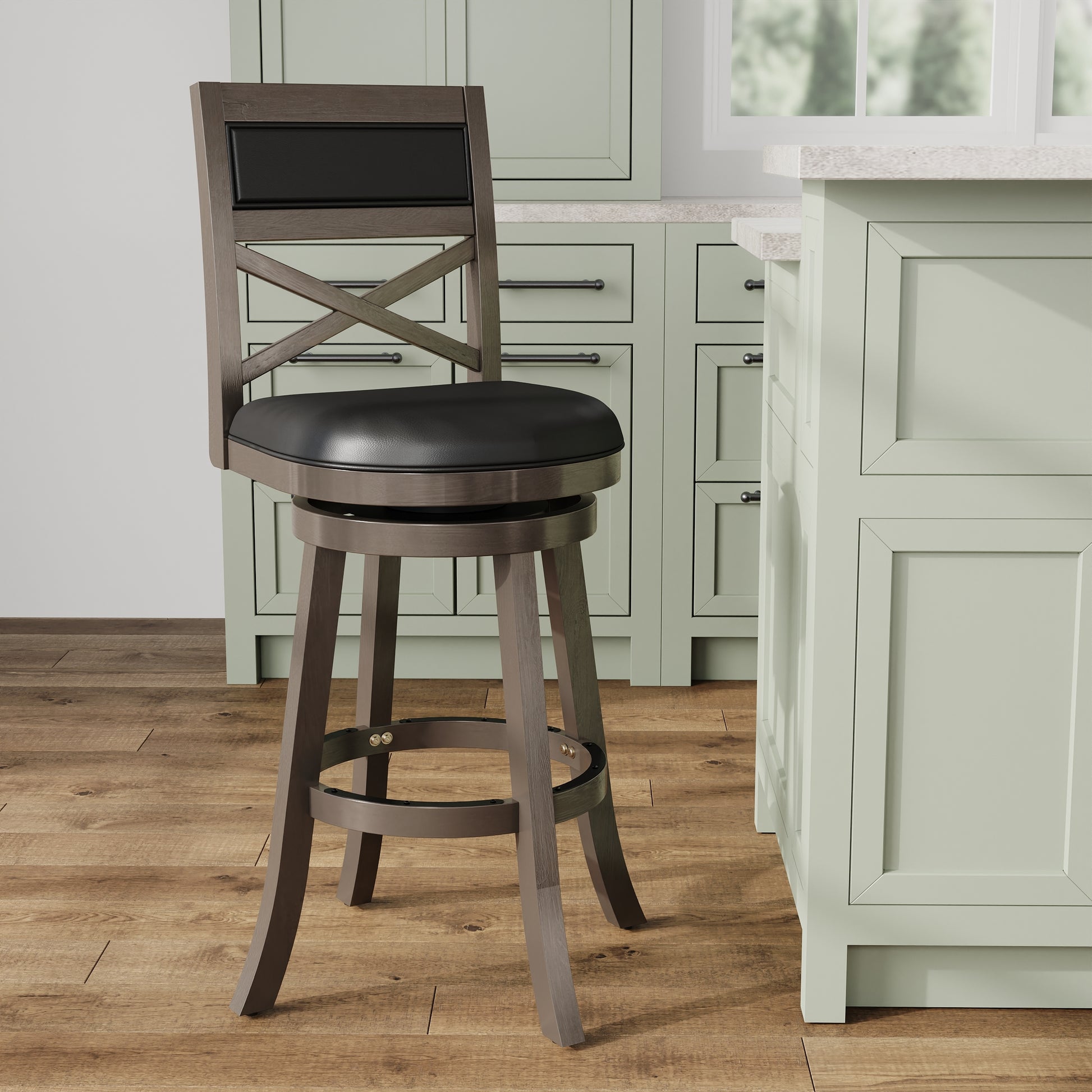 30" Bar Height X Back Swivel Stool, Weathered Gray Finish, Black Leather Seat Gray Bonded Leather