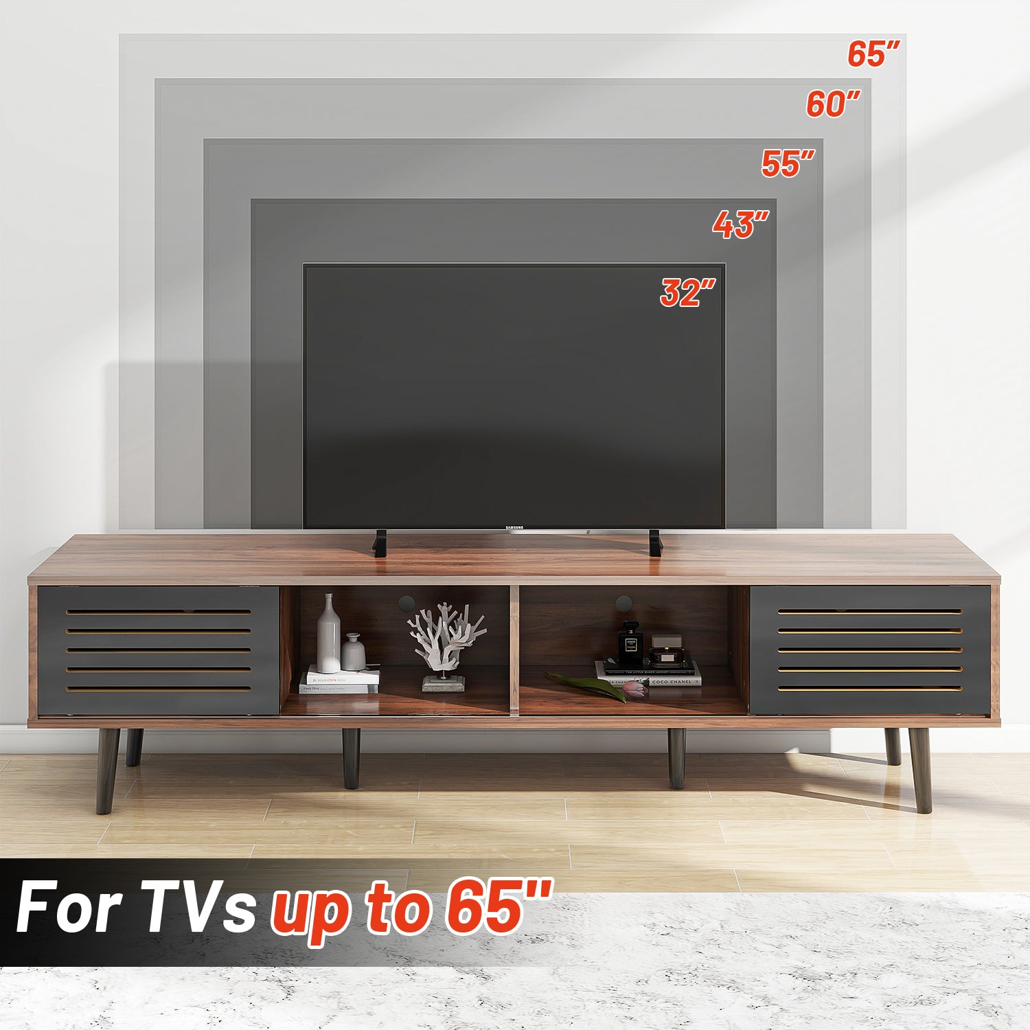 Mid Century Modern Tv Stand For Tvs Up To 70", Entertainment Center With Sliding Doors, Tv Console Table Media Cabinet For Living Room, Bedroom And Office, Walnut Walnut Black Mdf