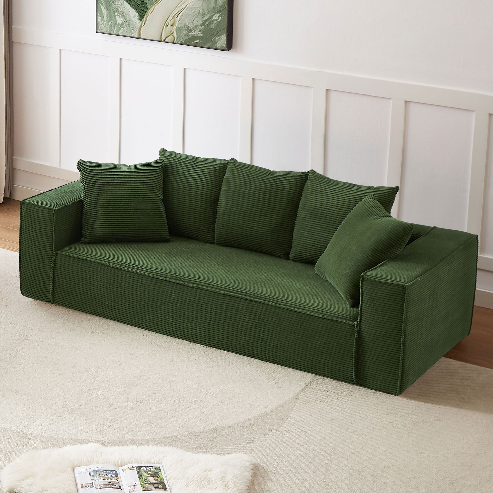 88.97Inch Corduroy Sofa With 5 Matching Toss Pillows, Sleek Design, Spacious And Comfortable 3 Seater Couch For Modern Living Room,Green. Green Corduroy 3 Seat