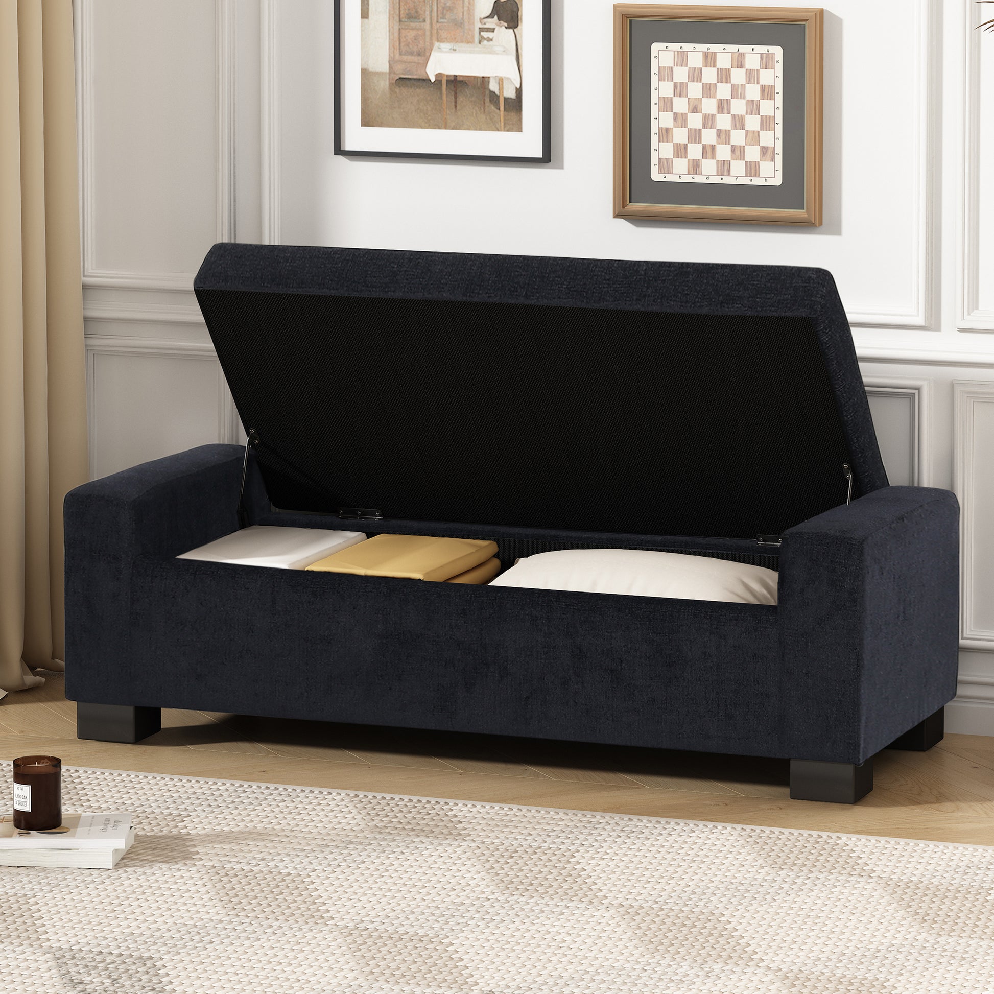 Storage Ottoman Dark Blue Fabric