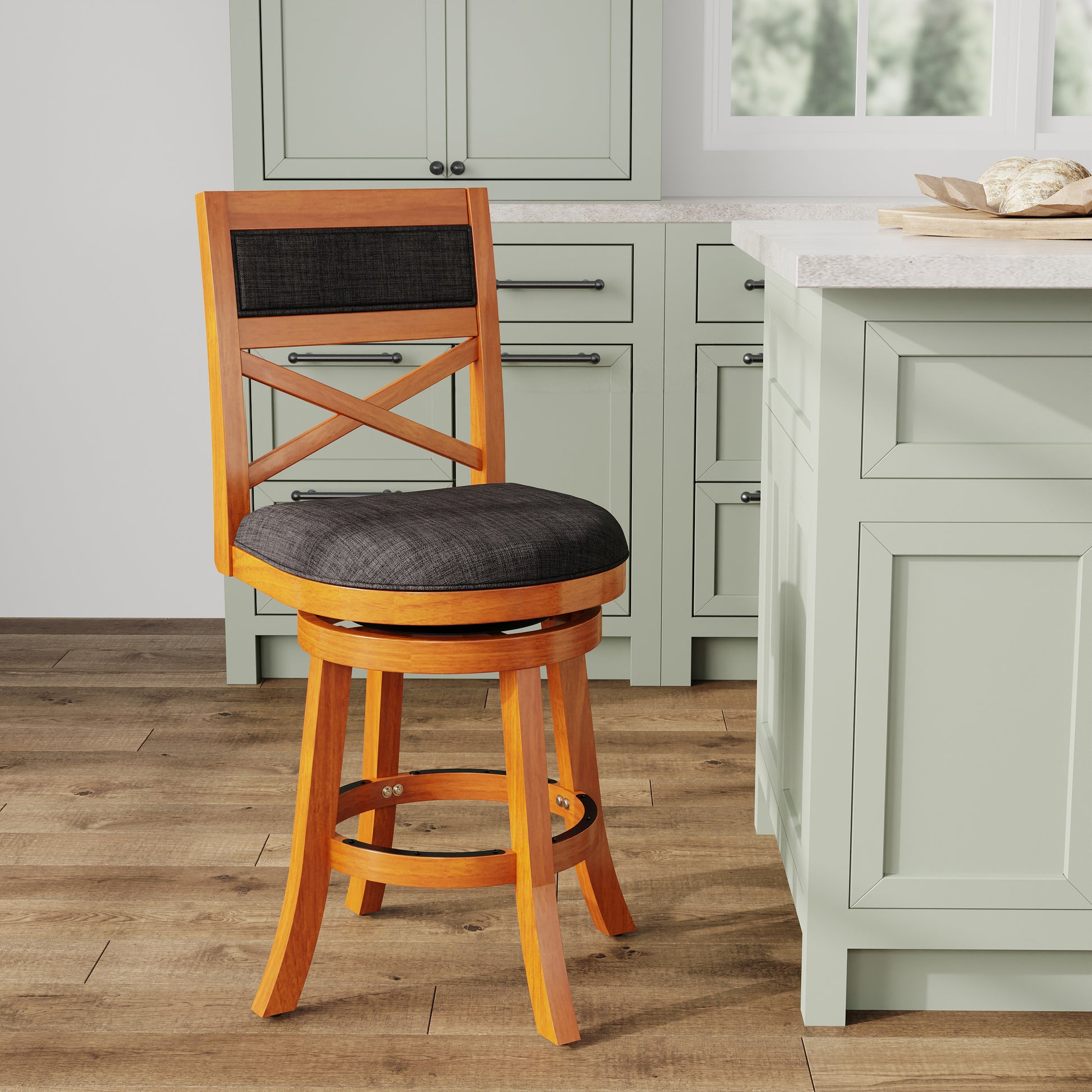 24" Counter Height X Back Swivel Stool, Natural Finish, Charcoal Fabric Seat Natural Fabric