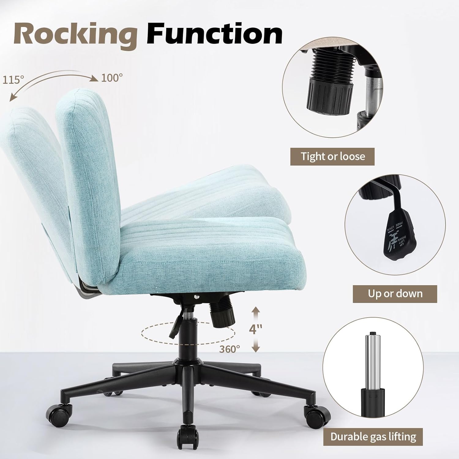 Office Chair With Wheels, Armless Office Chair, Linen Wide Seat Home Office Chair, Cute Computer Chair With 15 Swing Backrest, Suitable For Bedrooms And Dressing Tables Wood Blue Green Handle Linen