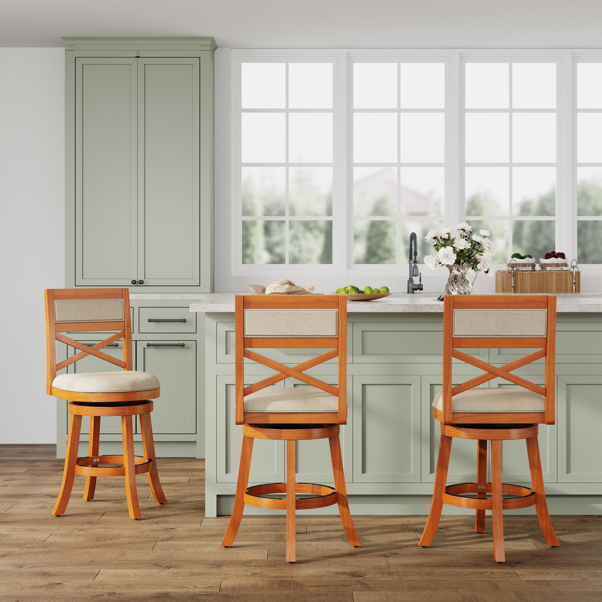 24" Counter Height X Back Swivel Stool, Natural Finish, Beige Fabric Seat Natural Fabric