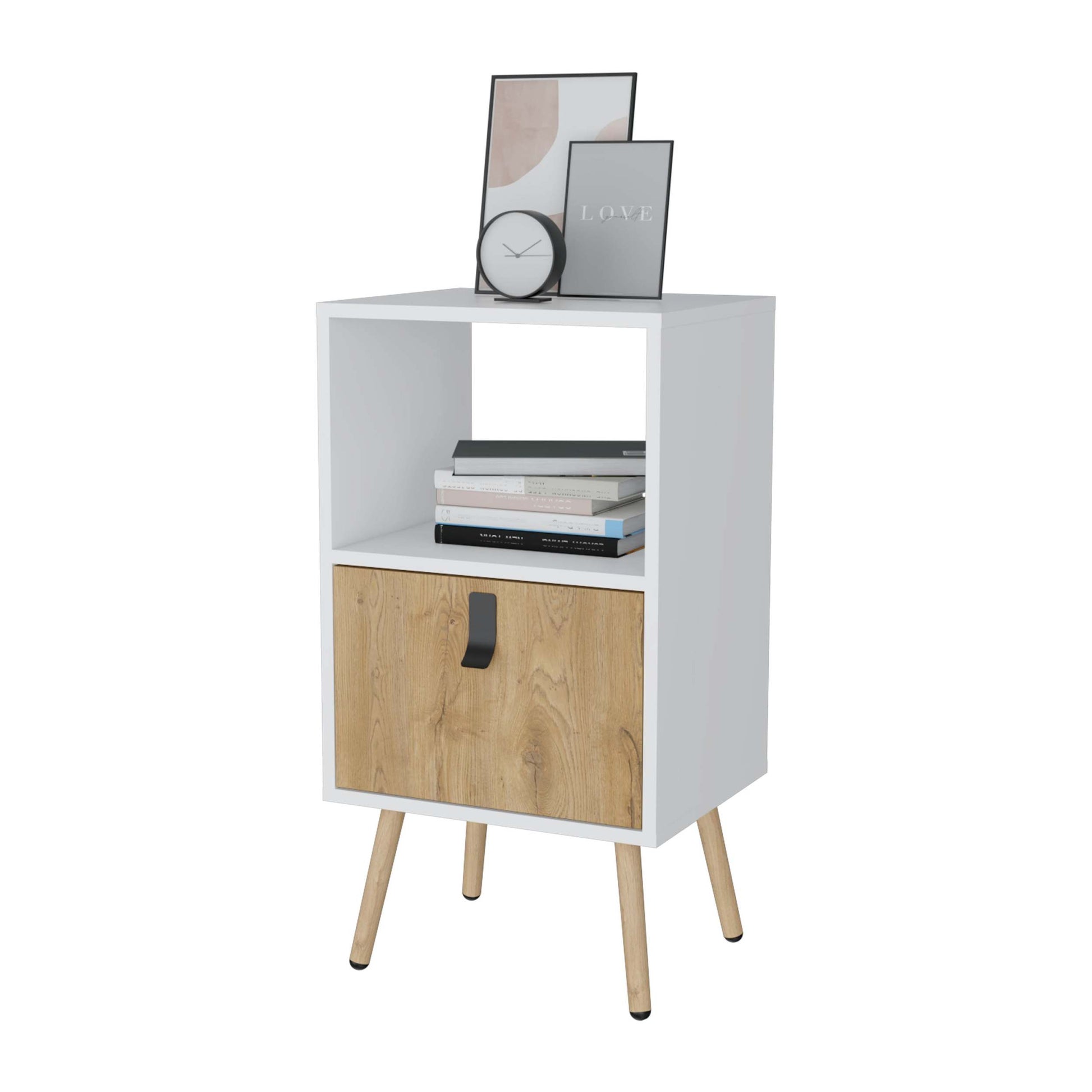 White And Macadamia Open Shelf Tall Nightstand White Natural 1 Drawer Bedroom Open Storage Shelf Wood