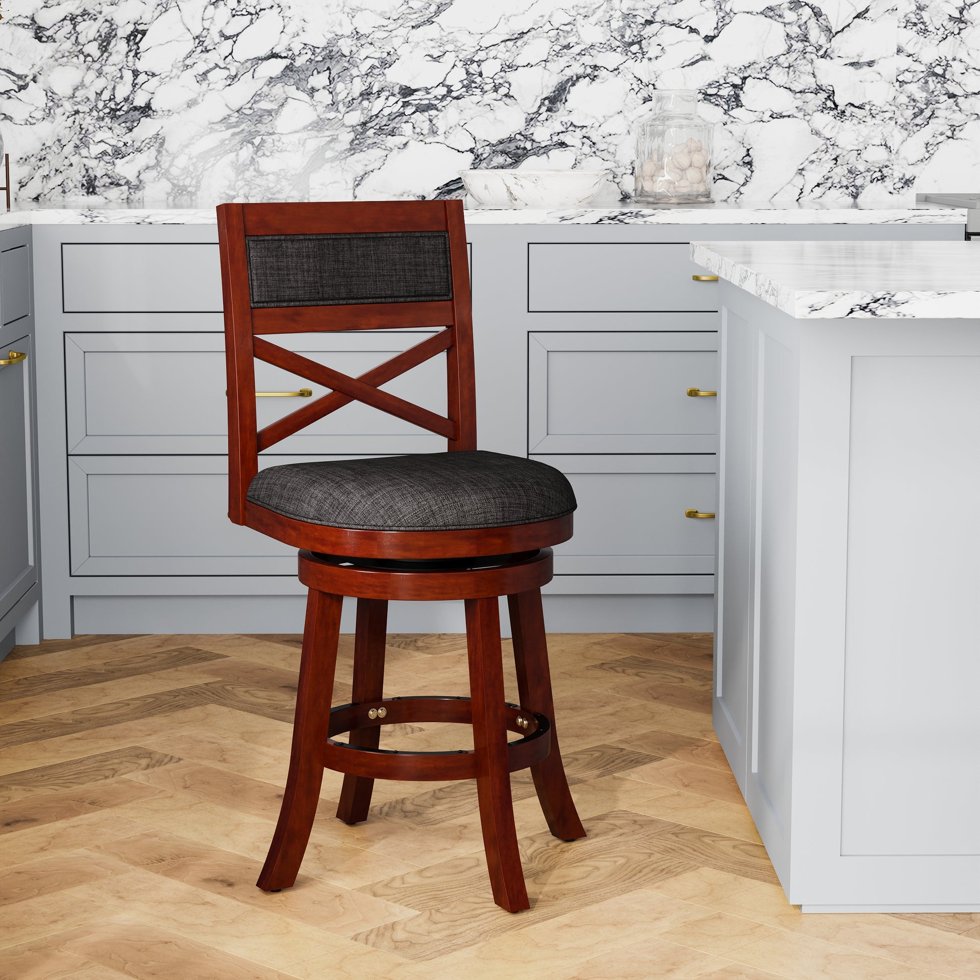 24" Counter Height X Back Swivel Stool, Cherry Finish, Charcoal Fabric Seat Cherry Fabric