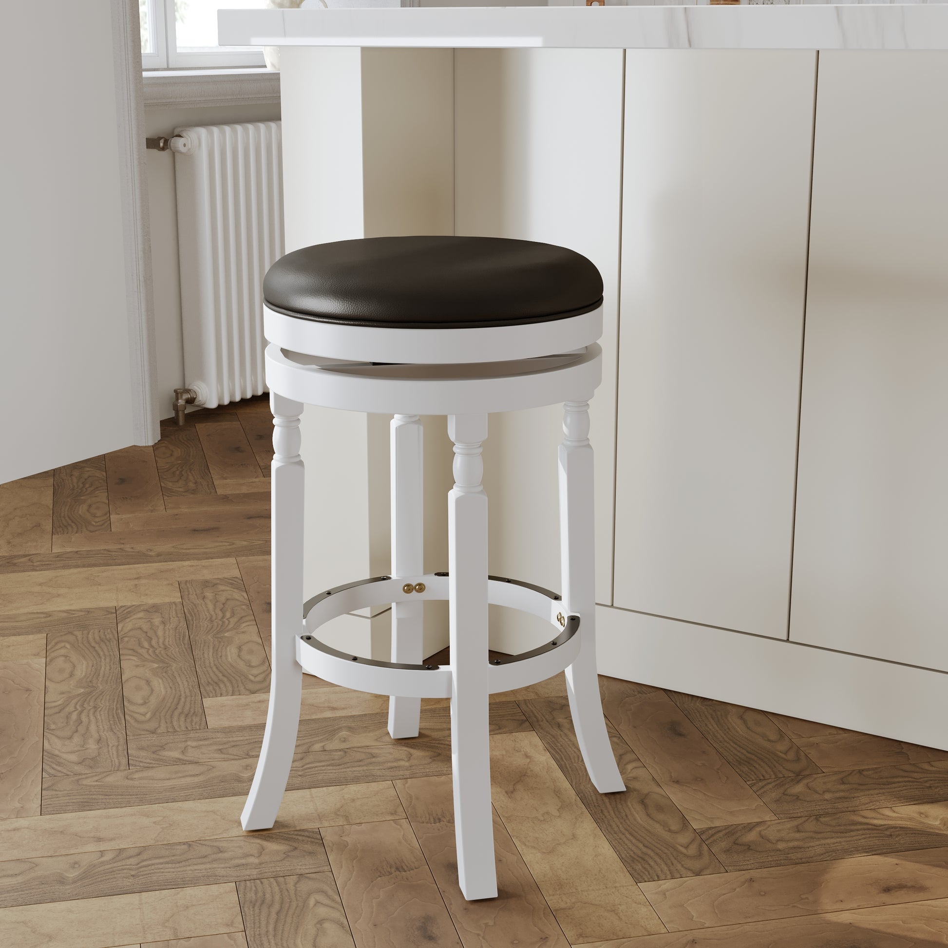 30" Bar Stool, White Finish, Black Leather Seat White Bonded Leather