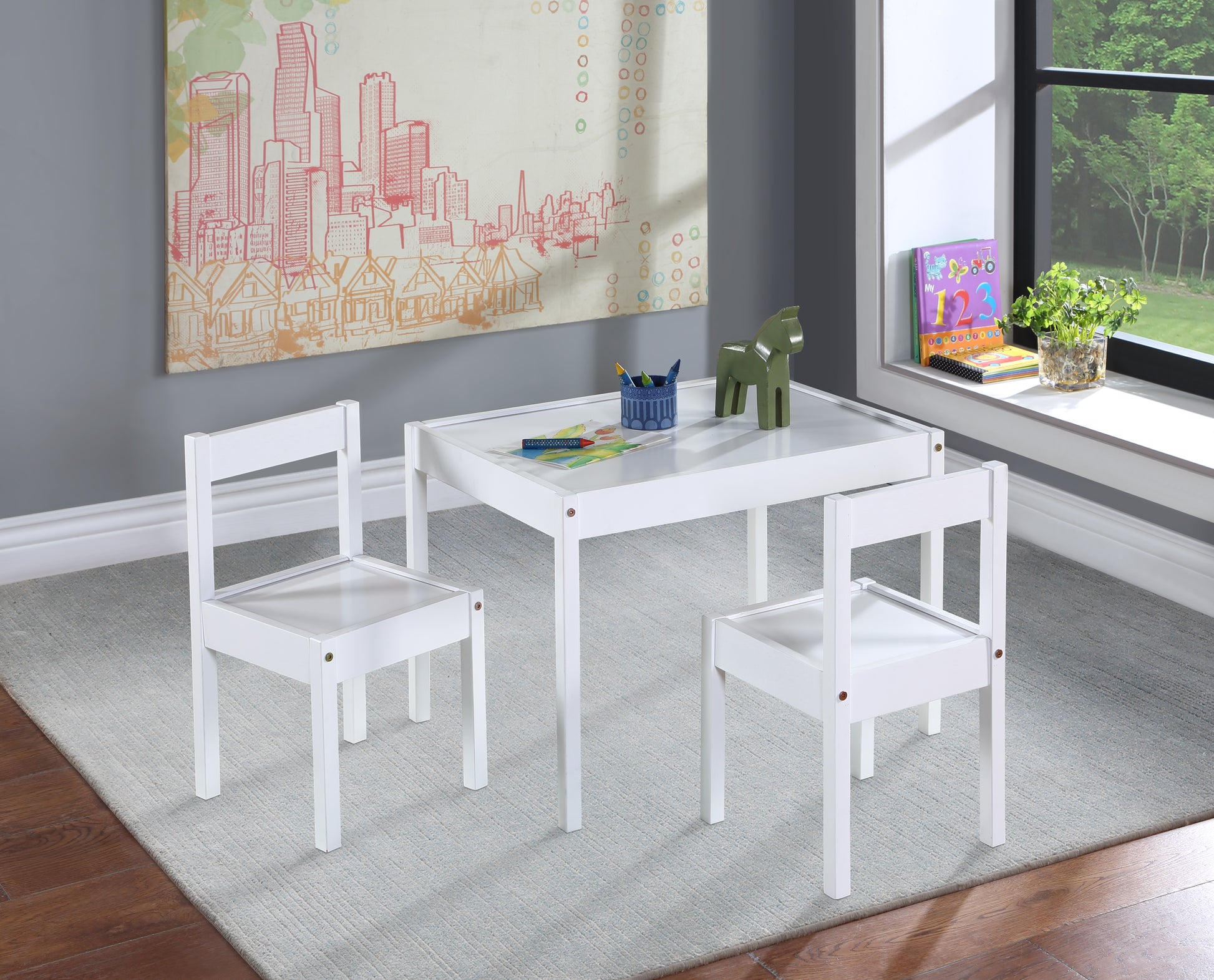 Della 3 Piece Solid Wood Kids Table & Two Chair Set, White White Rubberwood Wood