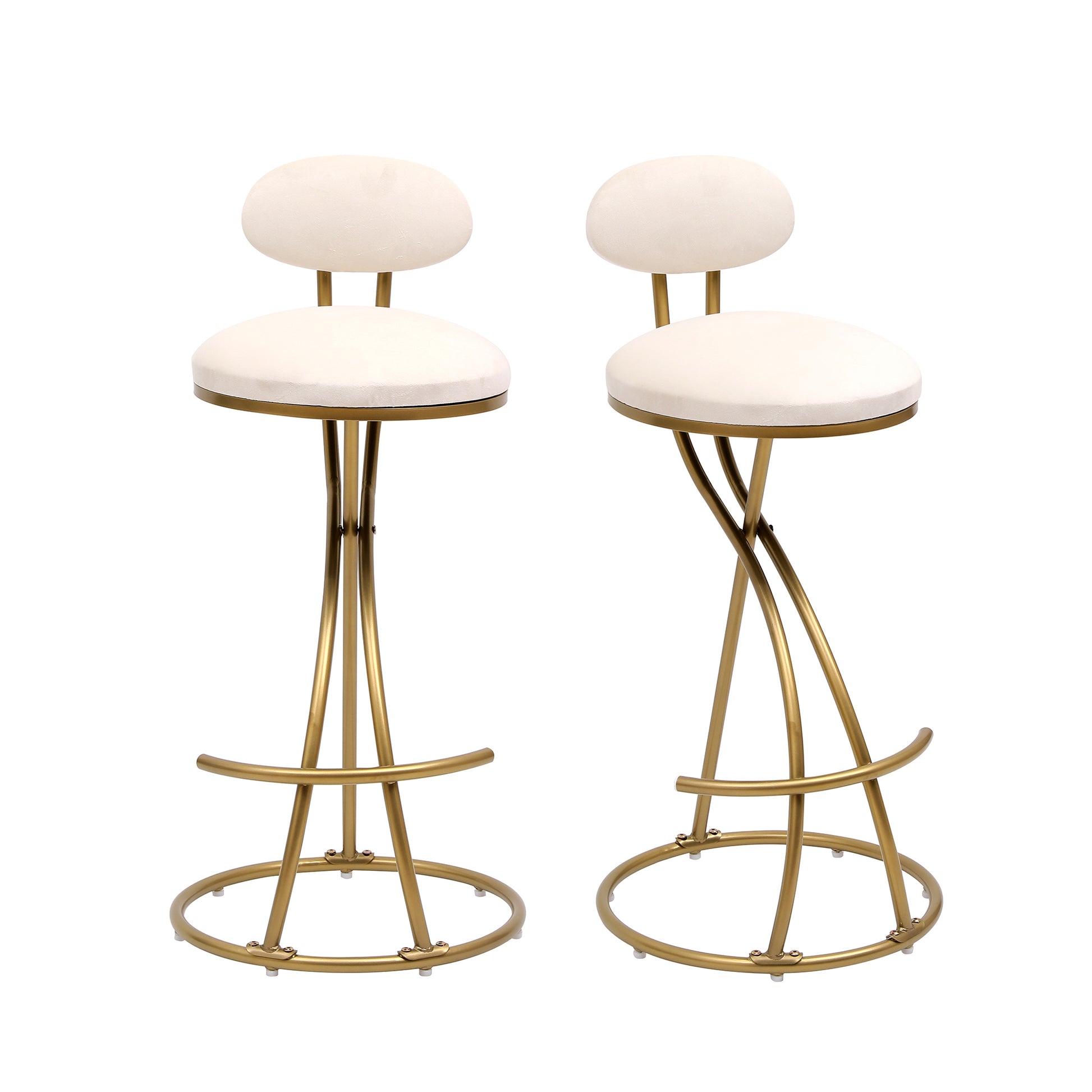 Round Bar Stool Armless Velvet Barstools With Back Set Of 2 Upholstered Counter Chair For Dining Room, Kitchen Island Gold & Creamy White Metal Gold Creamy White Kitchen Powder Coated Dry Clean Modern Set Of 2 Foam Metal