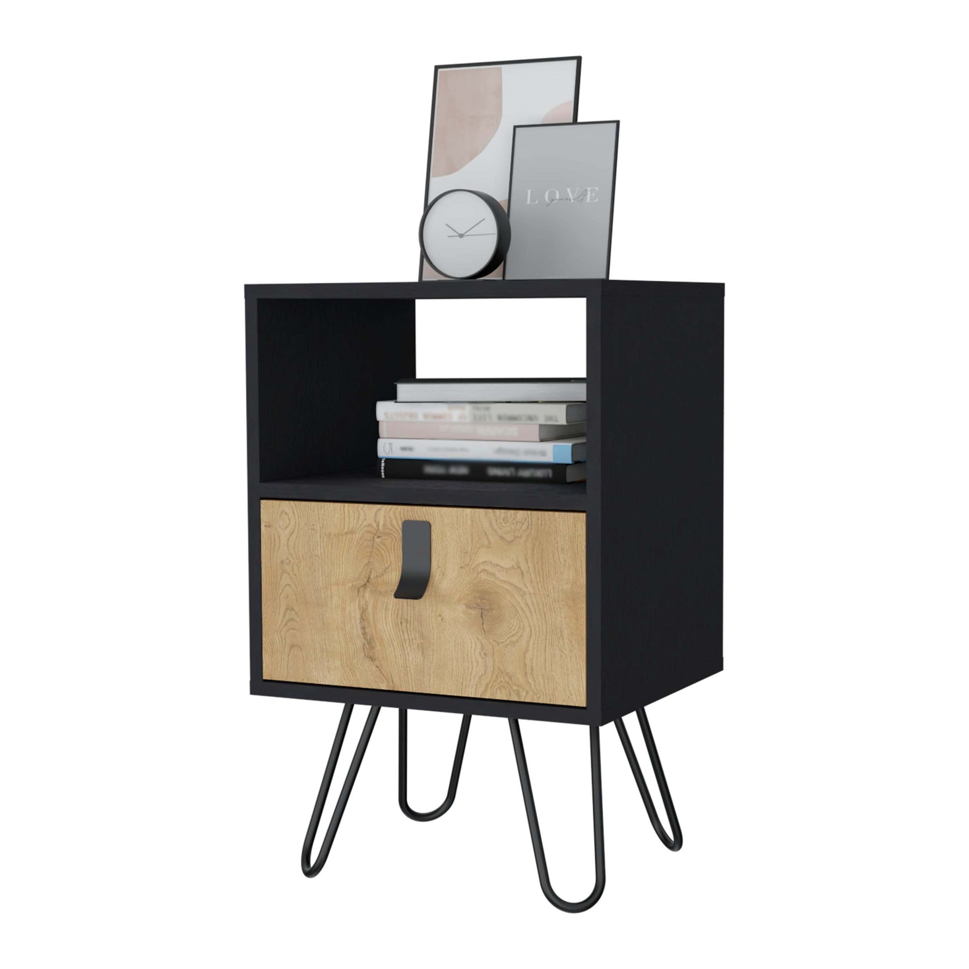 Black And Macadamia Hairpin Legs Nightstand Black Natural 1 Drawer Bedroom Drawer Storage Storage Wood