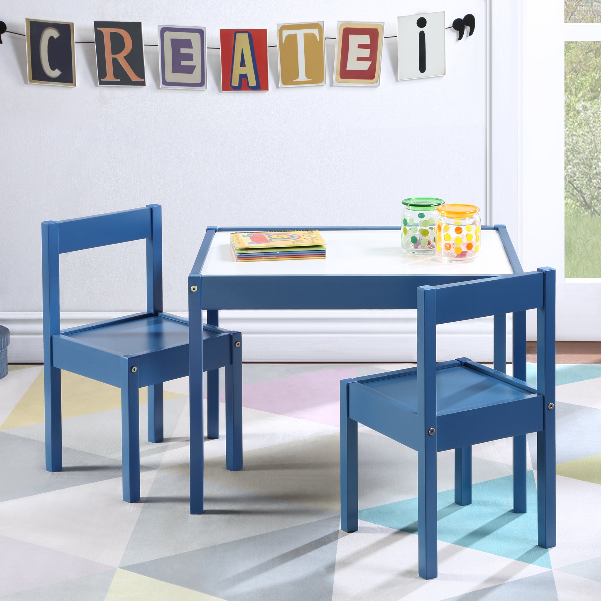 Gibson 3 Piece Dry Erase Kids Table & Two Chair Set, Dark Blue Navy Rubberwood Wood